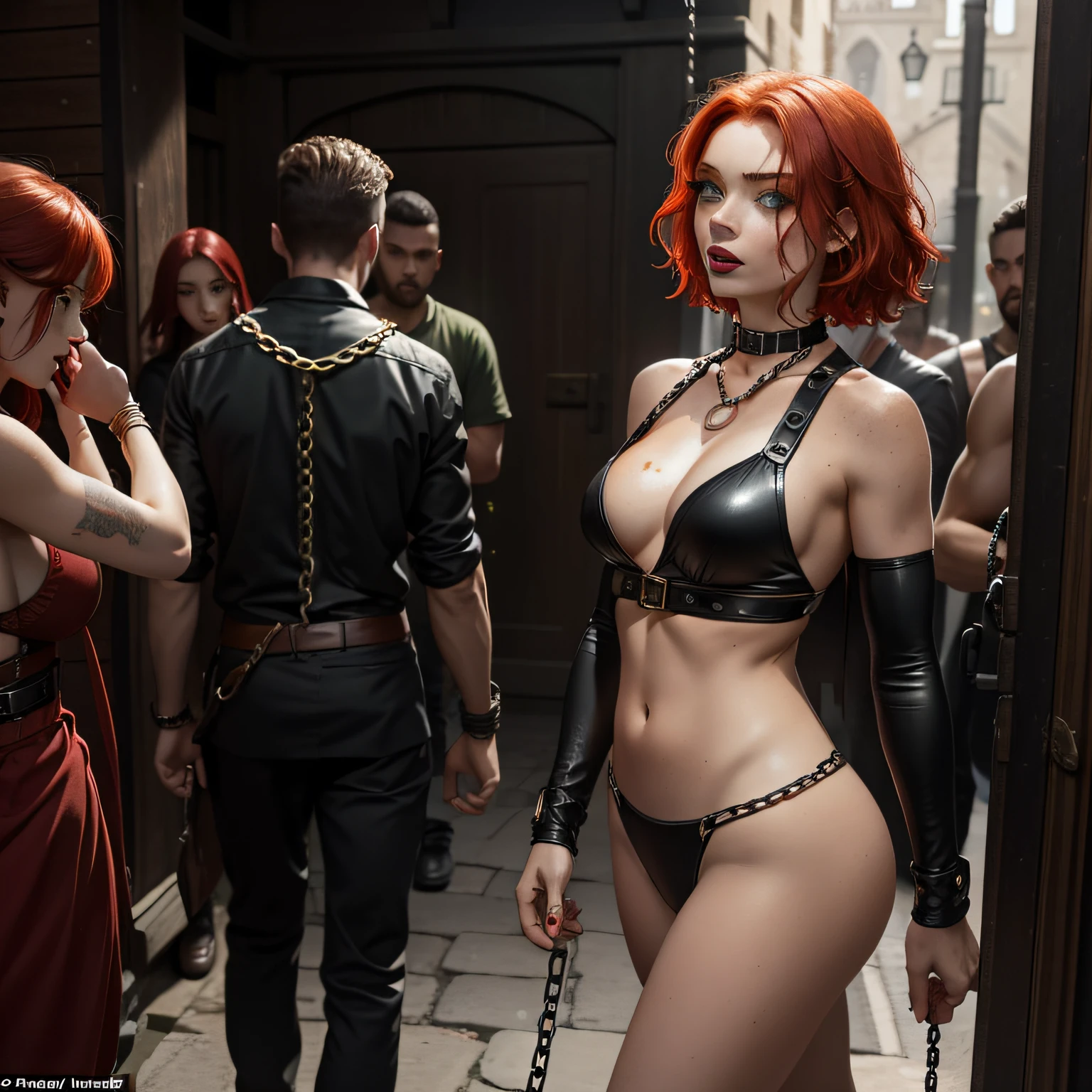 (masterpiece:1.2), (best quality:1.2), 2solofocus, a muscular red haired slave girl with green eyes and freckles is shown to her former allies, dark eyeliner, dark mascara, red lipstick, roughly cut hair, messy hair, branded, unwashed, barely clothed, exposed belly, wrists chained behind back, iron collar, chain leash, walking, cheap prostitute, humiliated aroused, sexual expression, shocked onlookers, medieval, fantasy, noon