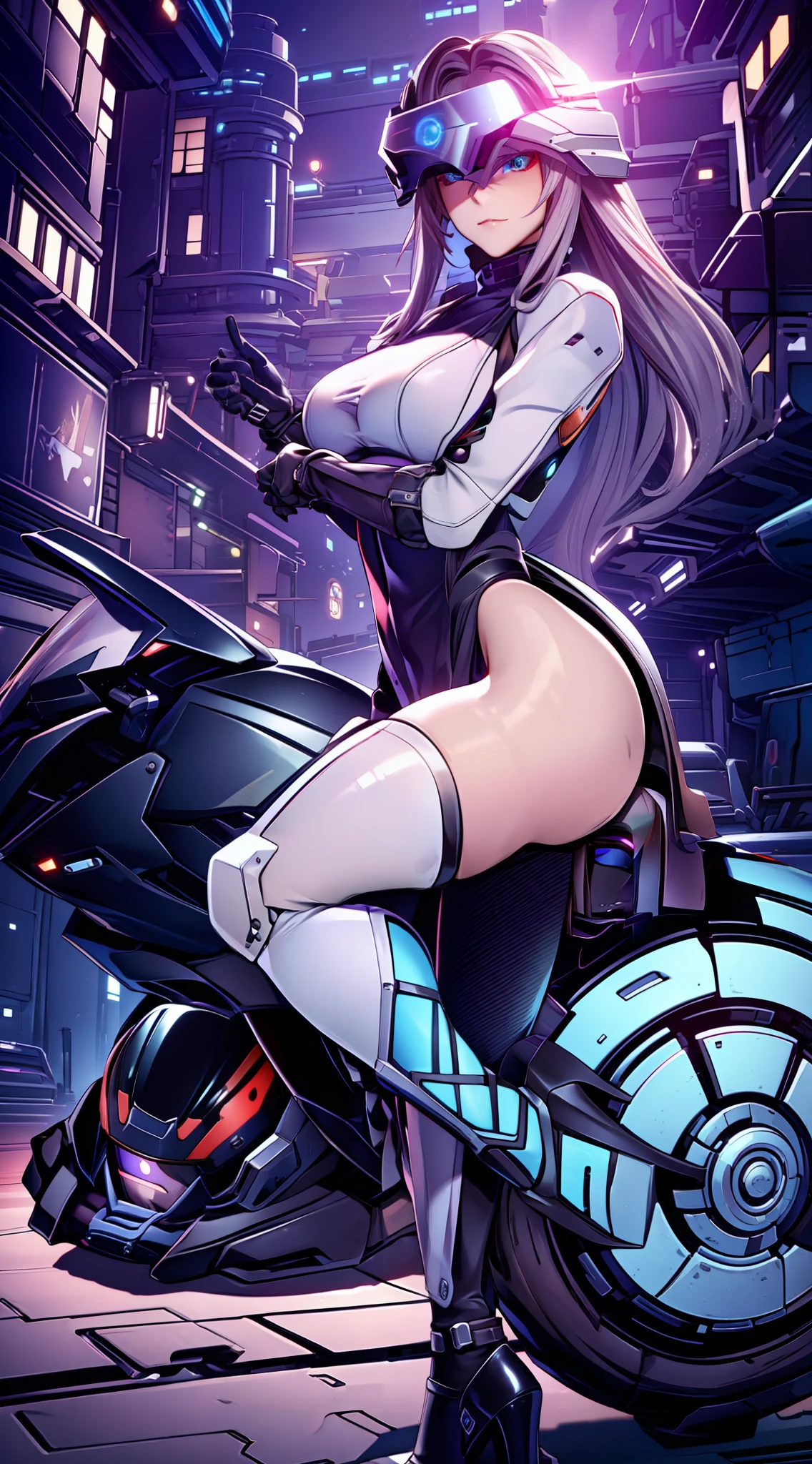 ((Full face helmet with eyes hidden by visor)), one woman, (motorcycle in background), leather suit, black boots, high heels, cyborg, gravure pose, (sexy pose), silver long hair,