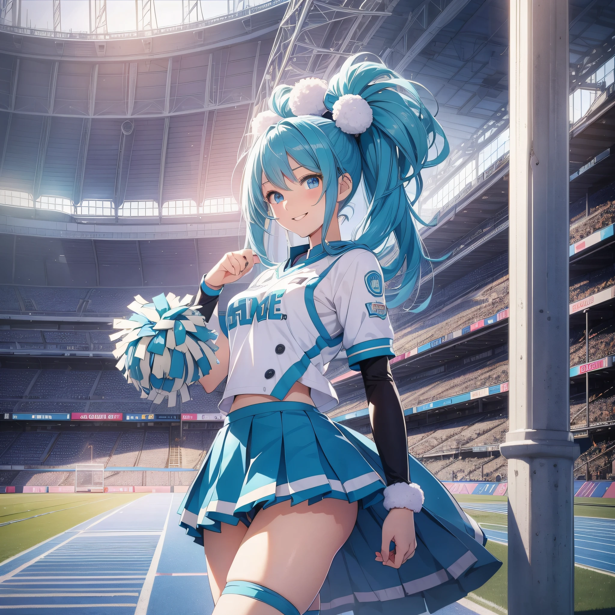 (1 girl), (Solo: 2.0), Photorealistic, Ultra fine illustration, Beautiful attractive anime girl, super detail, smile, beautiful blue eyes, beautiful proportions, Hatsune Miku, Slender, Gentle expression, Seductive anime girl, Full body, stadium, (cheergirl uniform, cheerleader pom poms in both hands, cheer dance),