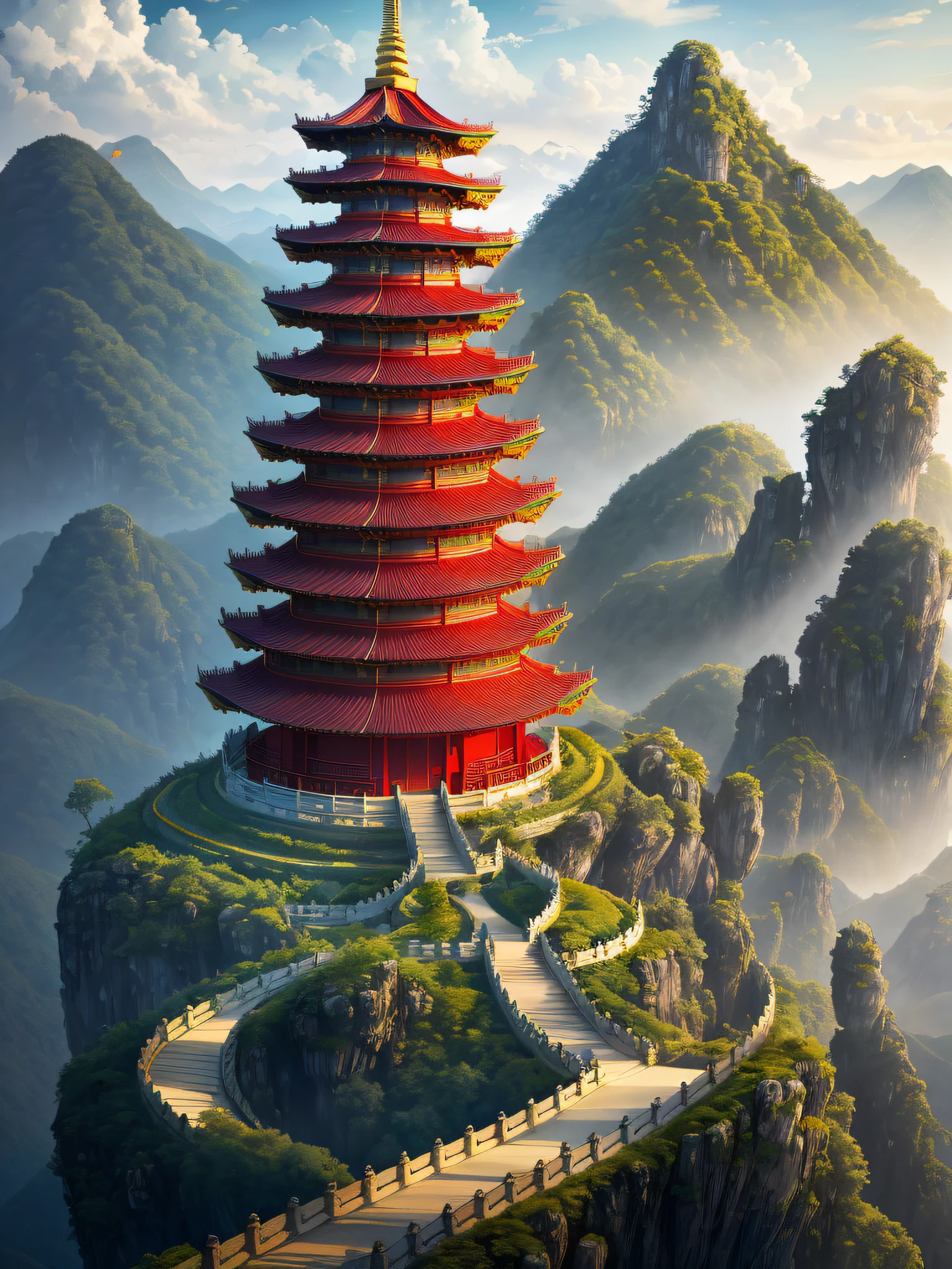 Mountain view with pagoda, pagoda is very high, CG Society competition winner, fantasy art, Chinese landscape, Chinese fantasy, composed of trees and fantasy valley, ancient city landscape, impressive fantasy landscape, the most epic landscape, pagoda on the mountain, mountainous jungle environment, avatar landscape,