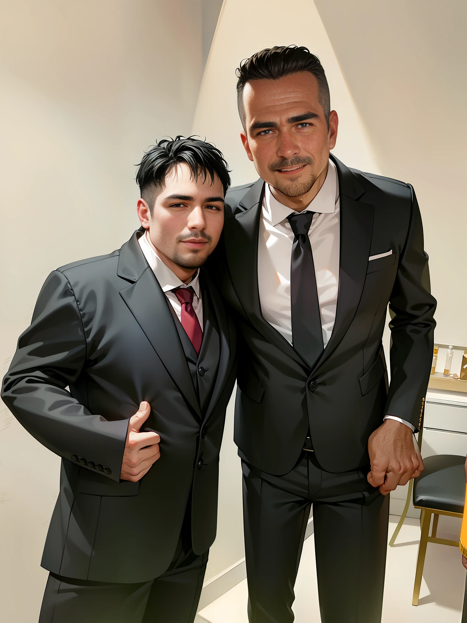 RAW photo, two men giving a jewel in a salon (highly detailed skin: 1.2), 8k uhd, dslr, soft lighting, high quality, film grain, Fujifilm XT3