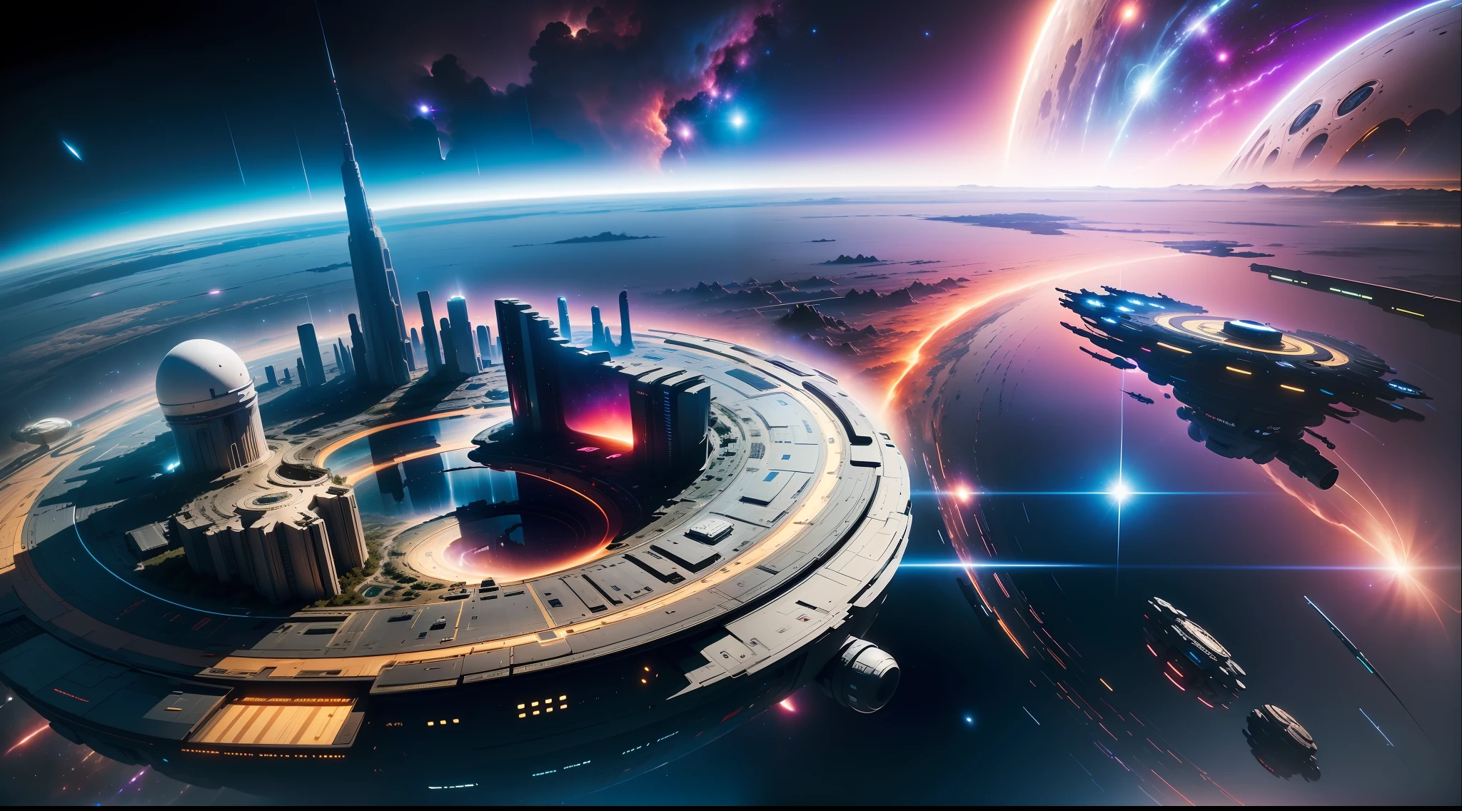 Ultra-wide field of view, (huge circular space city running in the universe), ((countless spaceships docking in space city)), nebula, high quality, high resolution, master works, cinematic lighting, dynamic perspective, (panorama), ((ultra-fine))), ((complex picture)), careful portrayal,