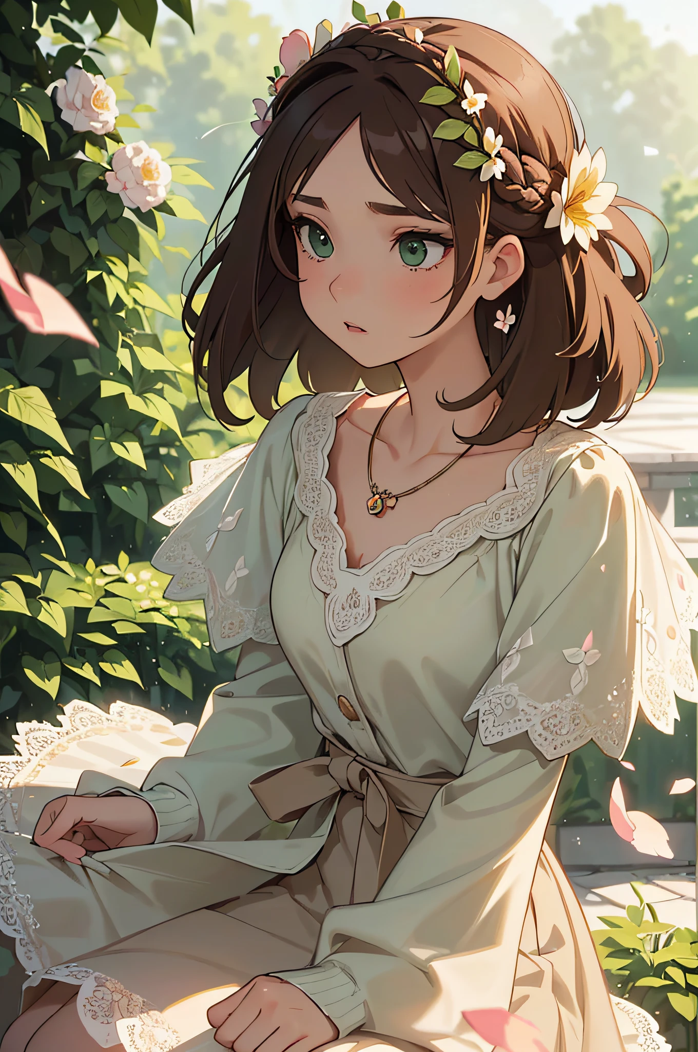 (masterpiece), (portrait), (aesthetic), (beautiful), (upper blody), (high quality), (aesthetic clothings), (professional angle), (rule of thirds), (Feminine), (woman), (female), (beautiful),(feminine features), (21 years), solo, 1 woman, (attractive Italian), Spring, (Shower of Flower Petals), (Afternoon), (Soft light), (()), (Arms Extended Hands), ((Looking Forward Face)), ((Romantic)), (Soft Make-up), (Moderate Bust), (Necklace), ((Medium Hair)), (Light Brown Hair), (Straight Hair), (Elegant Updo hair), (Flower Crown in Hair), (Eyes), (Green Eyes), (Lovely Look), Fair skin, (Delicate Lace Clothing), (Lace Dress), (Cardigan), (Skirt ), (V-neck Neckline), ((Floral Garden background)), (Full Shot Shot),