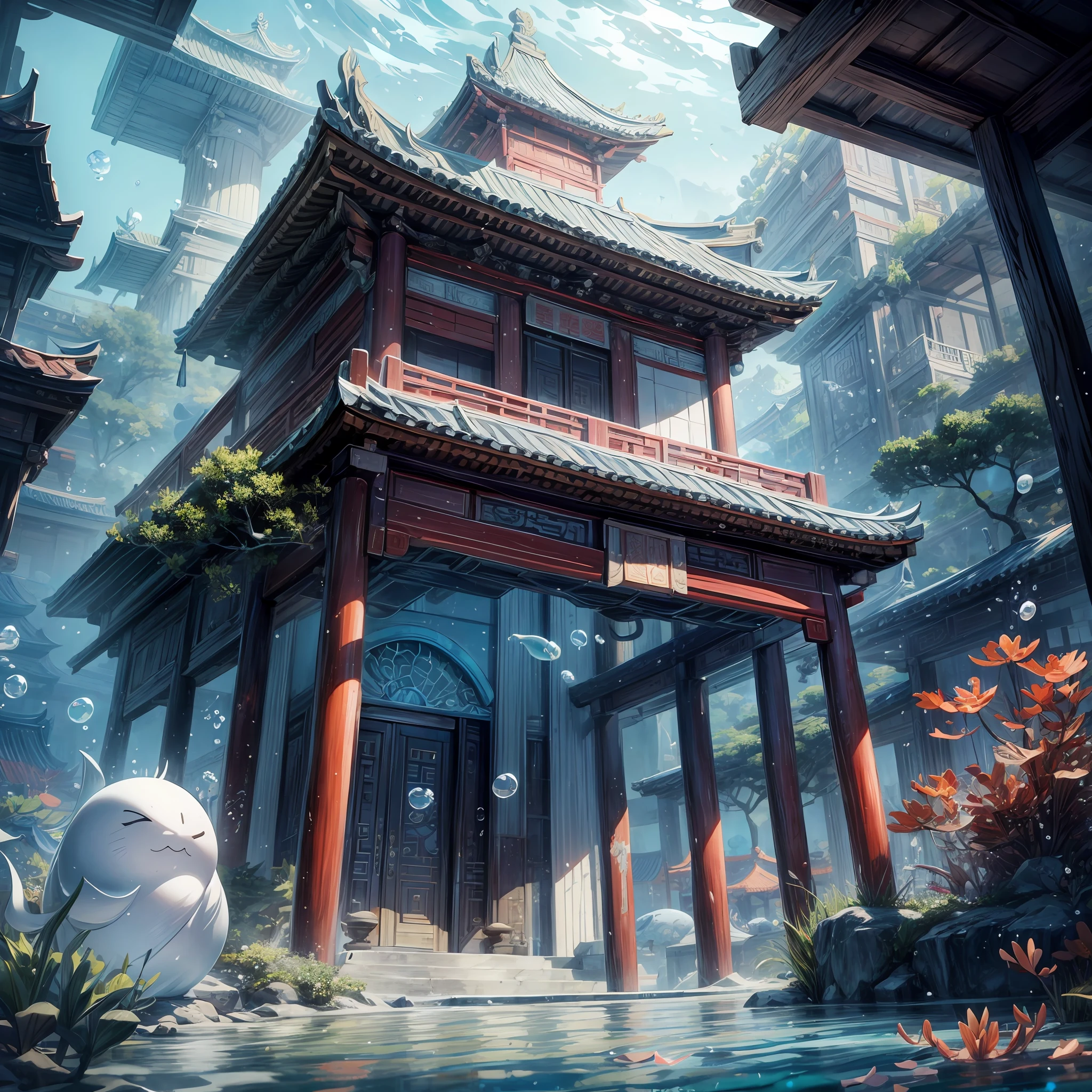 Ancient Chinese Palace, White Jade Palace Under the Sea, Underwater, Bubbles, Current, (Illustration: 1.0), Epic Composition, Natural Light, HD Details, Masterpiece, Best Quality, (Very Detailed CG Unity 8k Wallpaper)