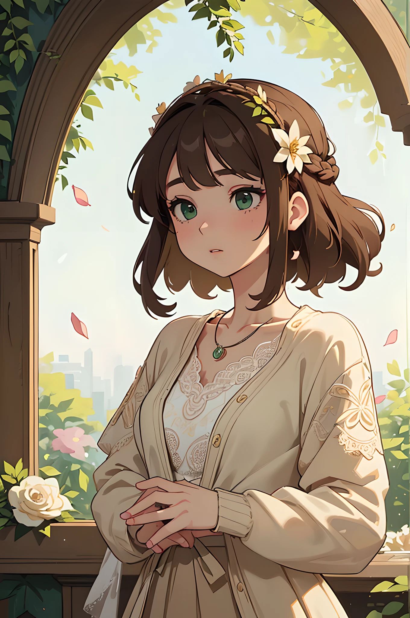 (masterpiece), (portrait), (aesthetic), (beautiful), (upper blody), (high quality), (aesthetic clothings), (professional angle), (rule of thirds), (Feminine), (woman), (female), (beautiful),(feminine features), (21 years), solo, 1 woman, (attractive Italian), Spring, (Shower of Flower Petals), (Afternoon), (Soft light), (()), (Arms Extended Hands), ((Looking Forward Face)), ((Romantic)), (Soft Make-up), (Moderate Bust), (Necklace), ((Medium Hair)), (Light Brown Hair), (Straight Hair), (Elegant Updo hair), (Flower Crown in Hair), (Eyes), (Green Eyes), (Lovely Look), Fair skin, (Delicate Lace Clothing), (Lace Dress), (Cardigan), (Skirt ), (V-neck Neckline), ((Floral Garden background)), (Full Shot Shot),