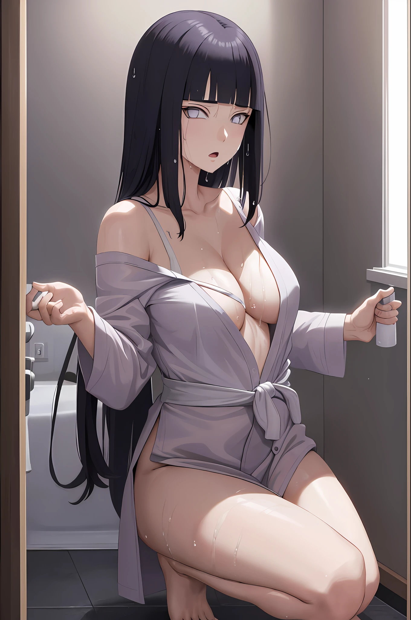Masterpiece, Absurd, Hinata (Boruto), 1 girl, aunt, mature, solo, long hair, cleavage, groin, wet with water, nipple patch, vacuum bathrobe, no dew spot, bathroom background, black, rigorous human structure, good-looking fingers: o,