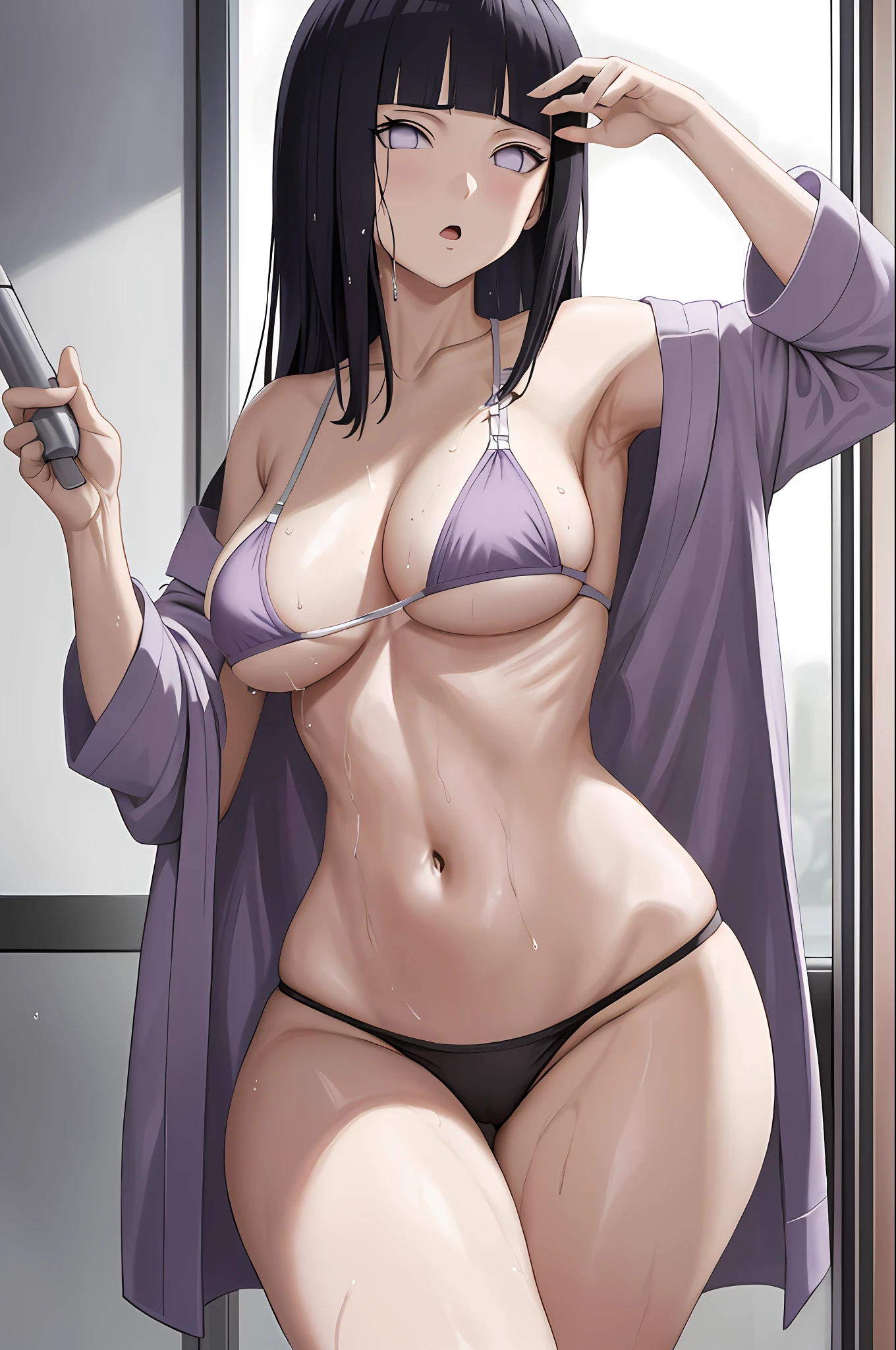 Masterpiece, Absurd, Hinata (Boruto), 1 girl, aunt, mature, solo, long hair, cleavage, groin, wet with water, nipple patch, vacuum bathrobe, no dew spot, bathroom background, black, rigorous human structure, good-looking fingers: o,