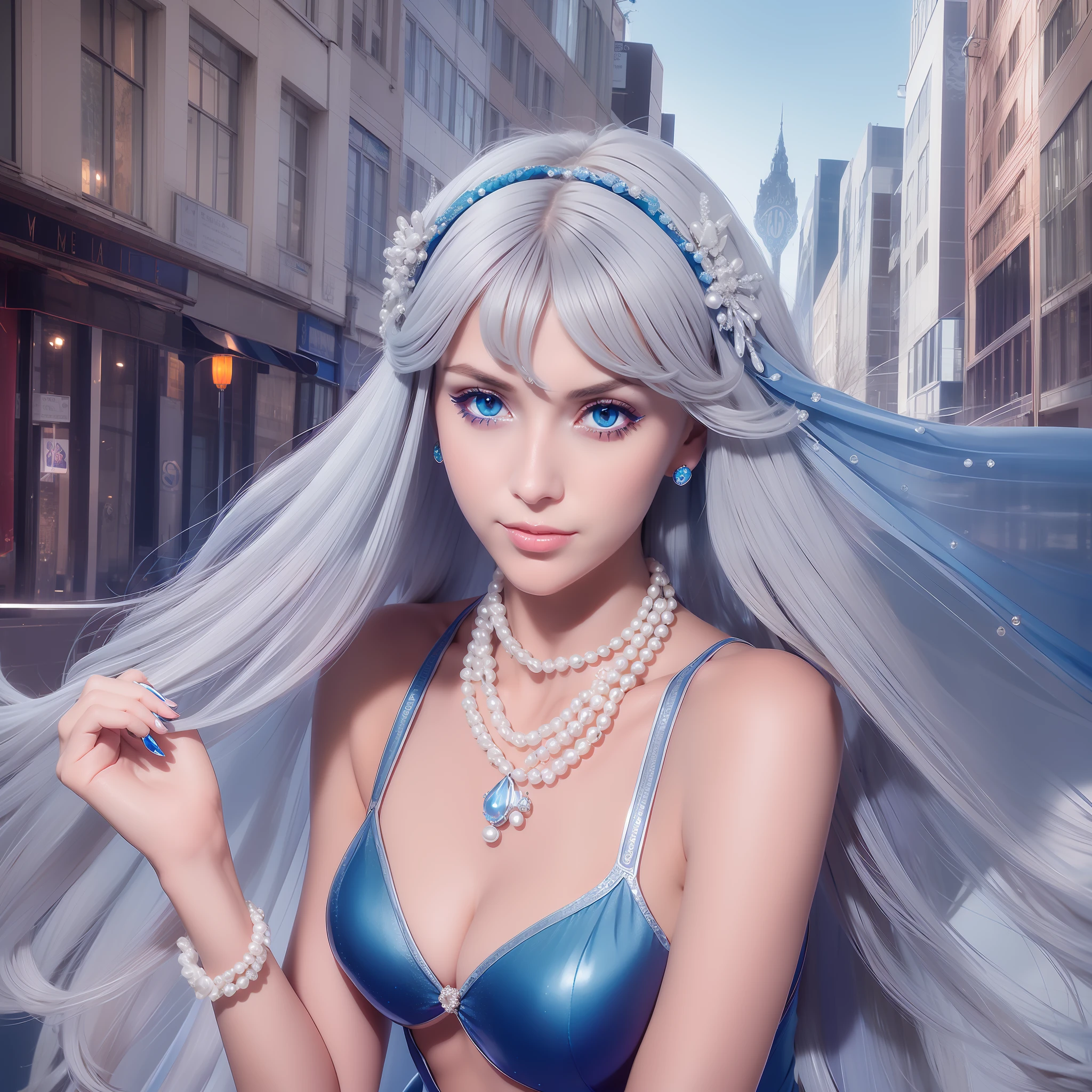 Woman, wearing an long elegant blue dress, silver long hair, Stylish downtown, Smile, beauty, pearl necklace, wearing a mermaid headband, high heels, blue nail polish, Blue eyes with a piercing gaze, close up