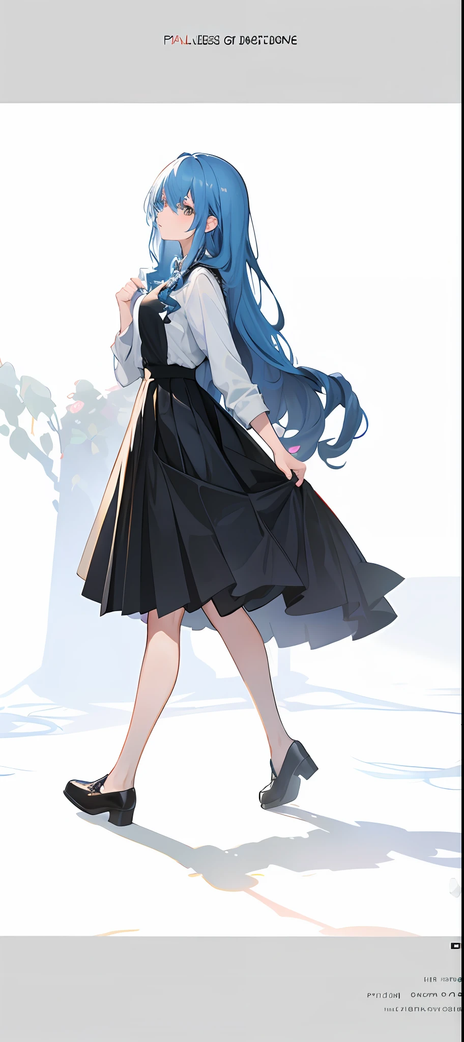 Girly, blue hair, curly hair, medium long hair, black skirt, light and shadow, pleats