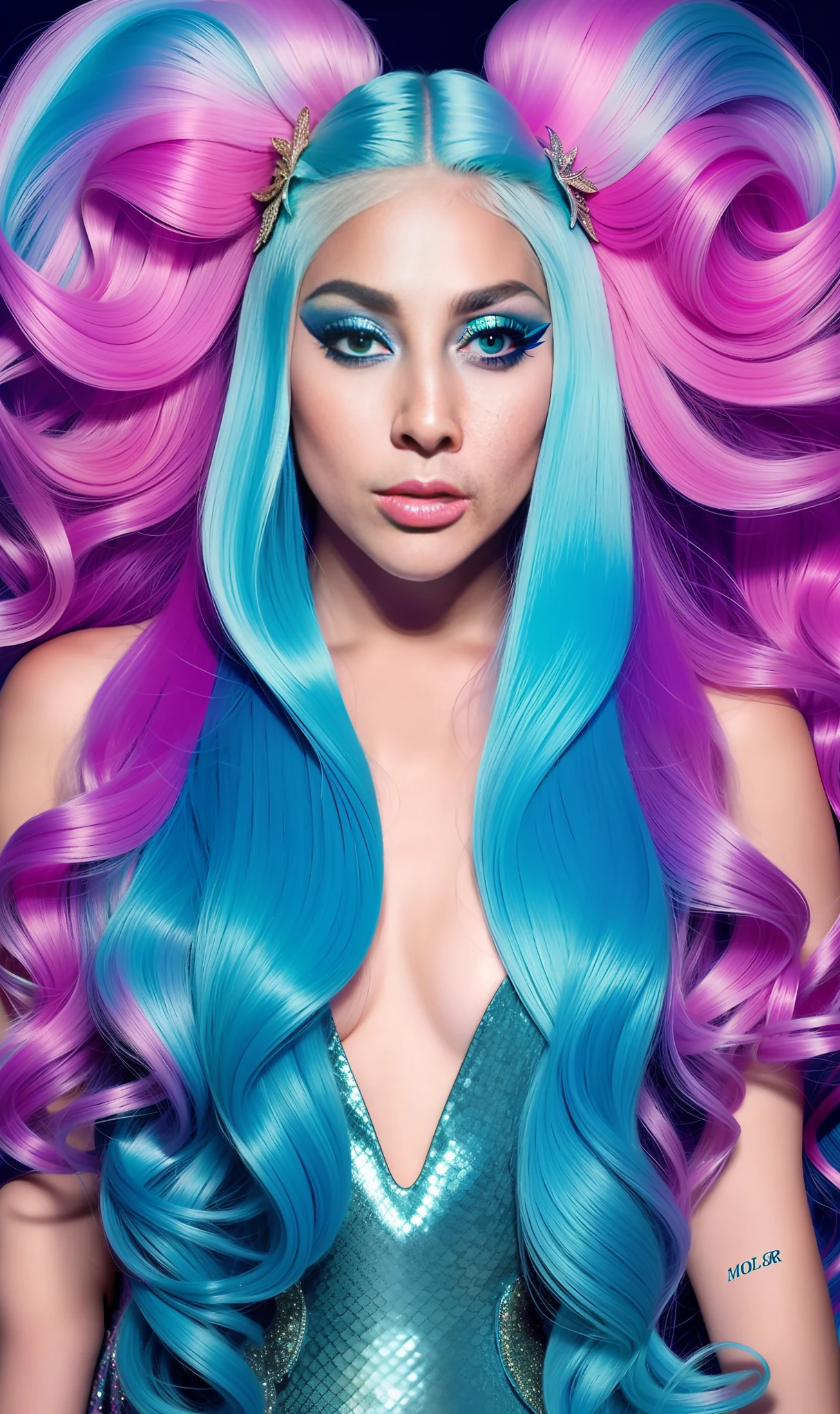 Photo of lady gaga dressed with mermaid nogr print,4K texture, long hair, high quality, extravagant hairstyle, original album cover, 8k image, futuristic, high image quality, at night, hair accessories, 8k image, realistic face in high quality, full body, different body poses, high quality face, defined features,HD