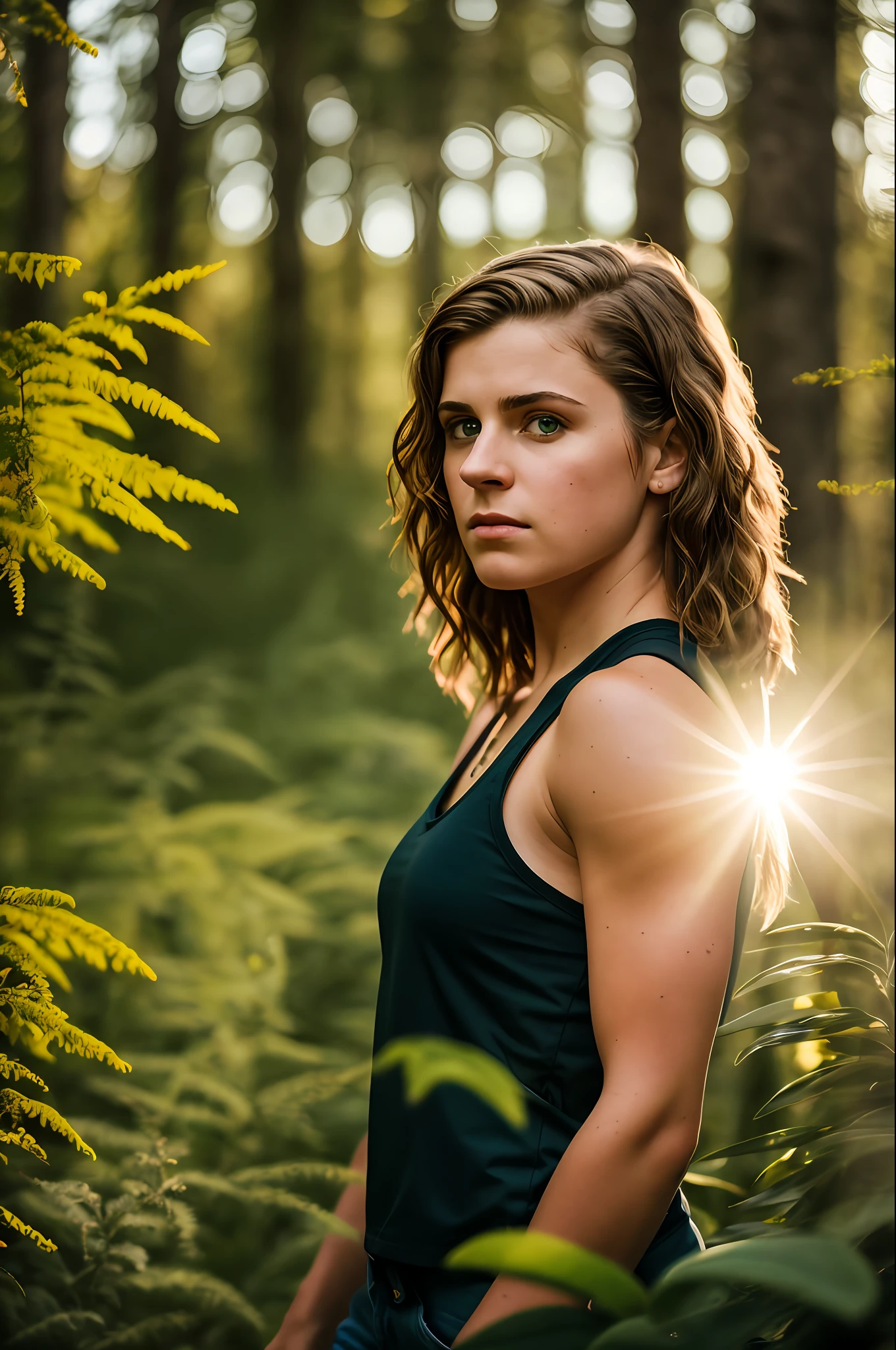 Close-up shot, 55mm Canon lens, volumetric lighting, Fujifilm XT3 lens, upper body portrait, a young white woman, muscular, very concerned facial expression, 18 years old, black tattoos, short light brown hair, short hair, straight hair, wearing a short running regatta, forest with exotic plants and flowers in the background, sunlight passing through the trees,  High resolution image, detailed texture, realistic depth of field