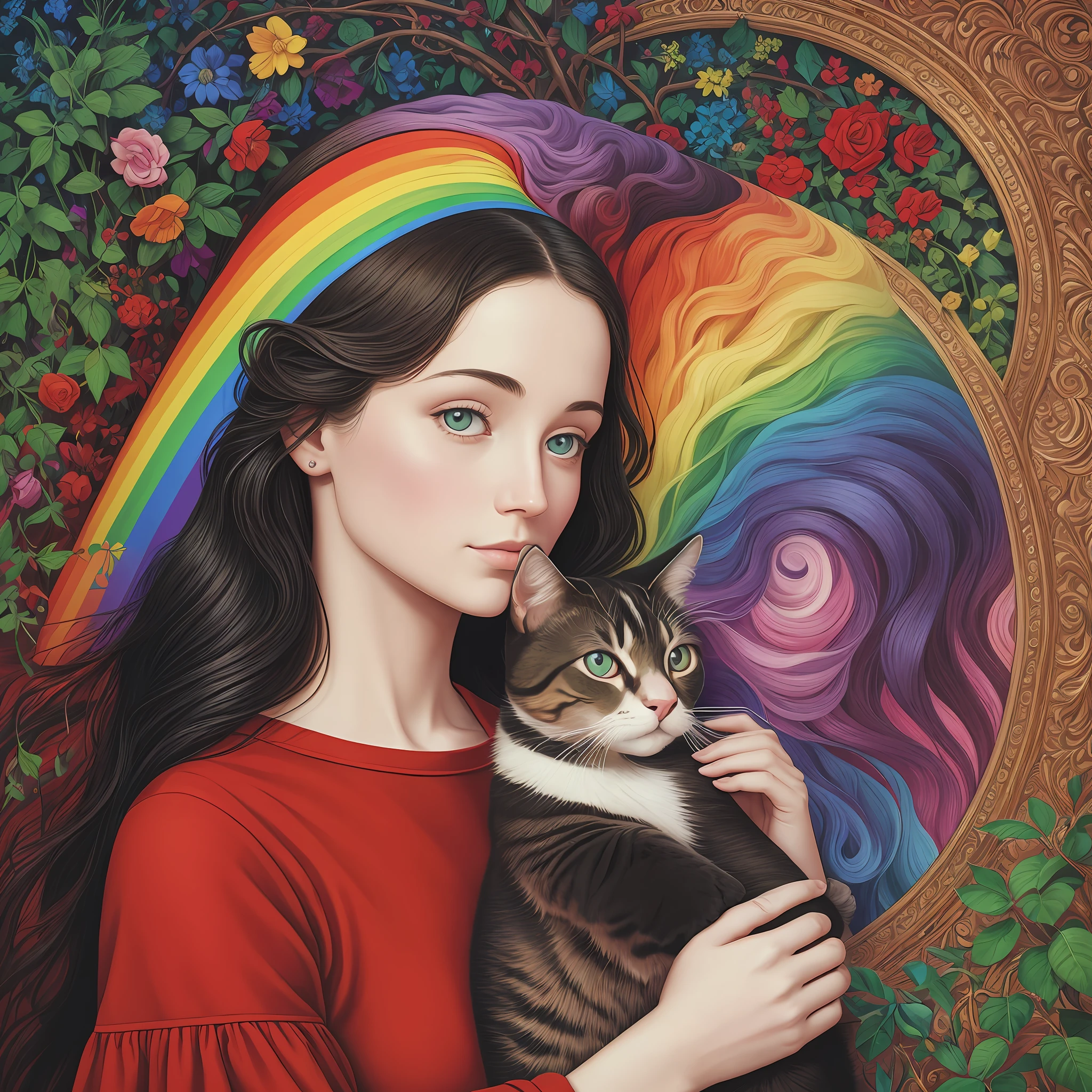 a woman on a holding a cat and arainbow color in a plant, in the style of alex gross, surrealistic dreamscapes, close up, light red and azure, classical portraiture, optical illusions, precisionist --ar 3:4--92--S750--v 5.1 --auto --s2