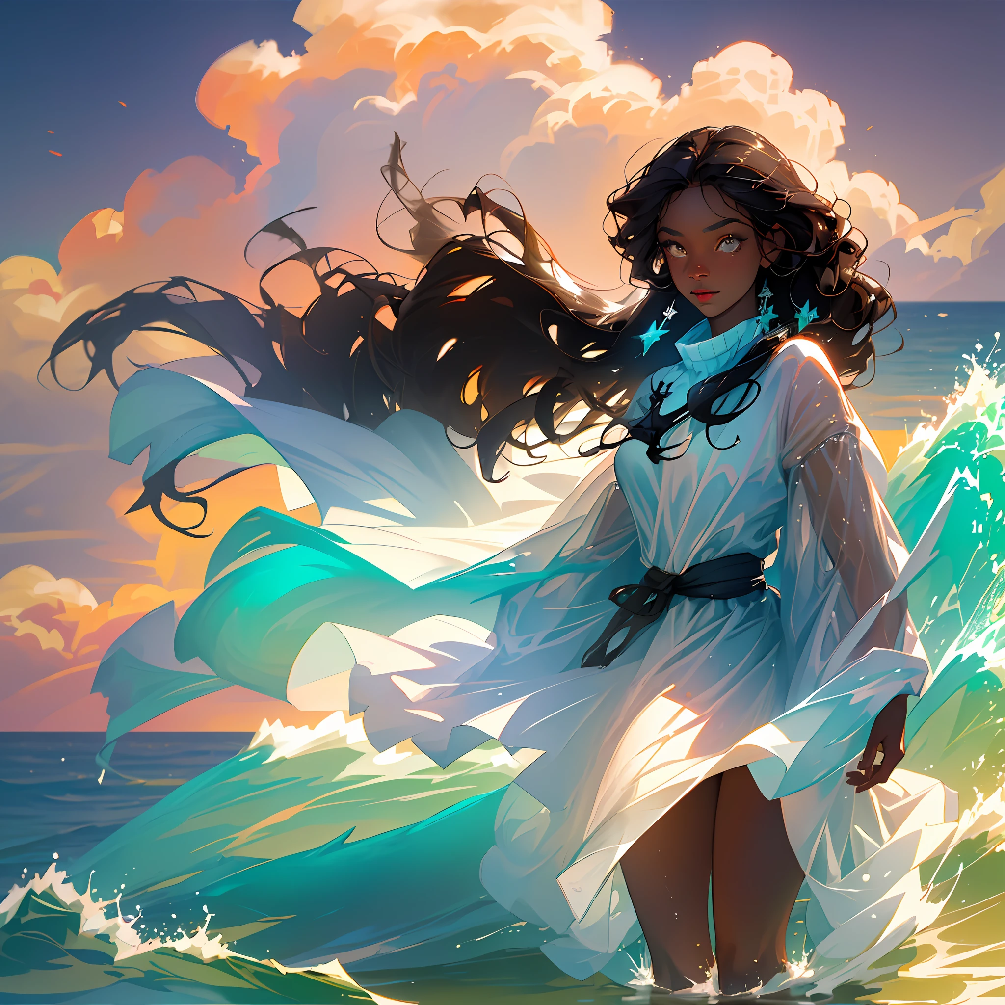 (best quality, masterpiece), 1girl, (dark skin), curly hair, wavy hair, bikini, ocean, in water, wet, sun, long hair, wind,