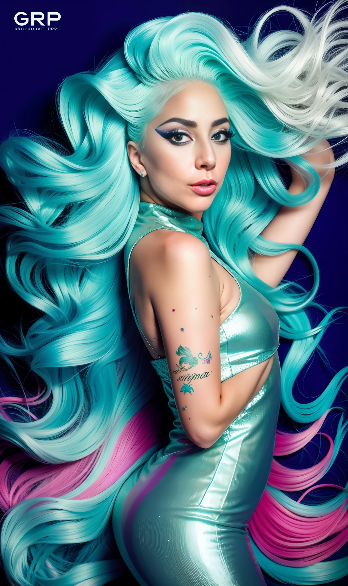 Photo of lady gaga dressed with mermaid nogr print,4K texture, long hair, high quality, extravagant hairstyle, original album cover, 8k image, futuristic, high image quality, at night, hair accessories, 8k image, realistic face in high quality, full body, different body poses, high quality face, defined features,HD