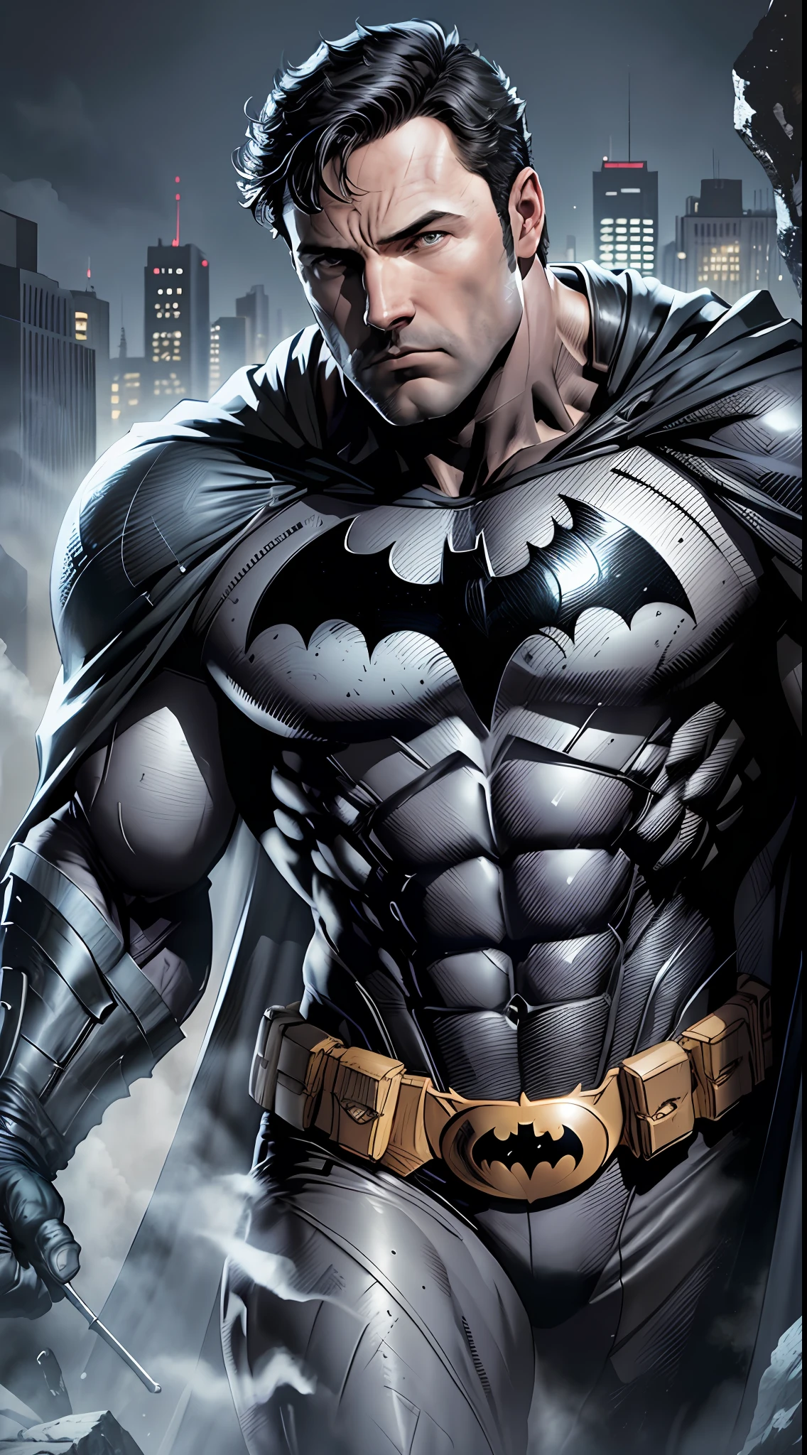 1 man, solo, Ben Affleck as Batman, tall, hunk, muscular, bulk, wide shoulder, photorealism, dark dirty grey suit, dark grey arms, ((no mask)), mask off, black hair, black gloves, best quality, masterpiece, high resolution:1.2, black cape, high detailed mask, high detailed suit, high detailed face, award winning, night time, a dark cave in the background, dark background, shadows