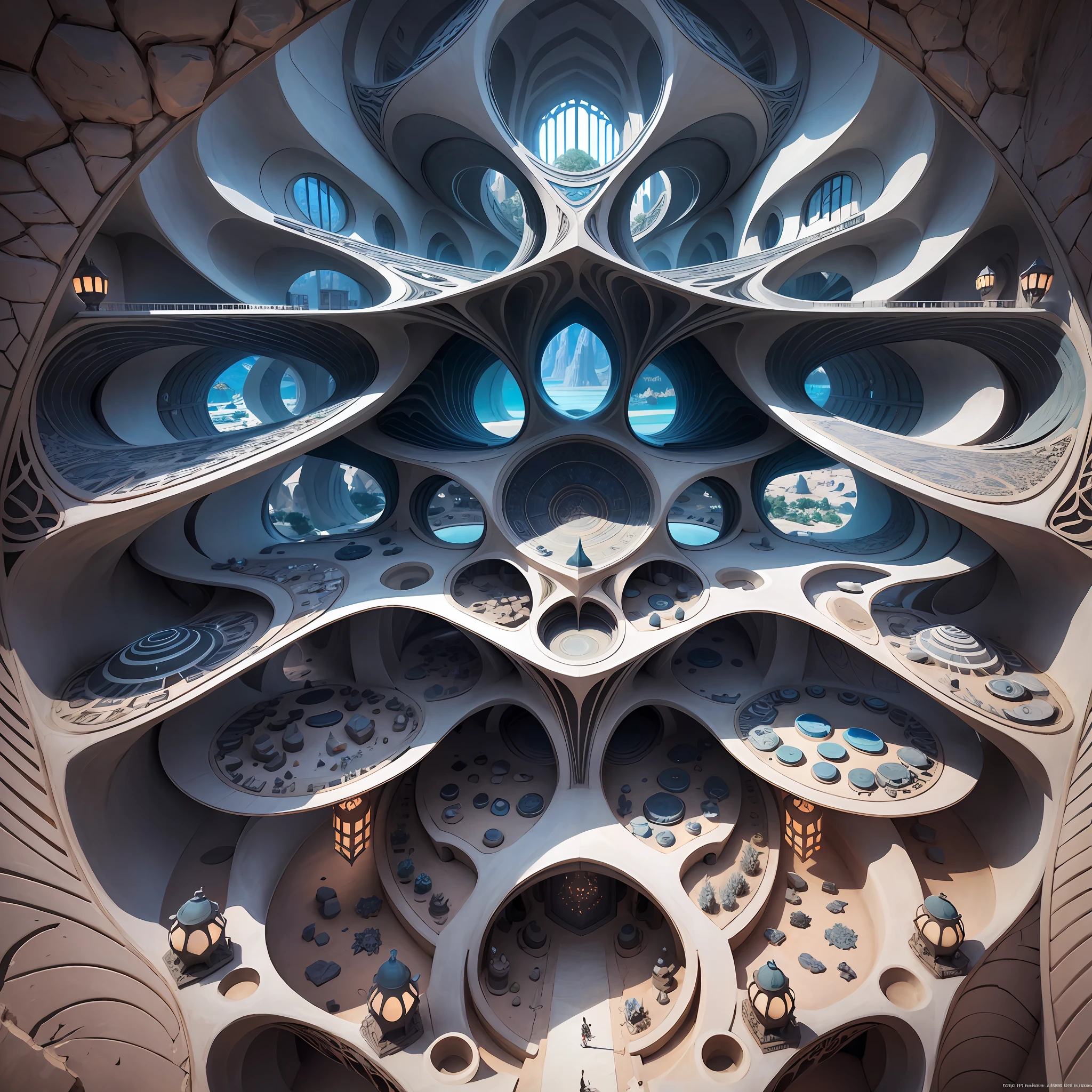 Futuristic Islamic architecture design of cave architecture concept art on desert oasis, islamic architecture, proportional,detailed, cave architecture nature meets futuristic architecture by Toyo Ito ,residential area, futuristic development, high rise balconies, full of rock and glass facades, residential spaces carved from cliff side ,trending on artstation, beautiful lighting,In the style of Arabic calligraphy masterpiece, fantasy, intricate, award winning, 4k, highest quality render --auto --s2