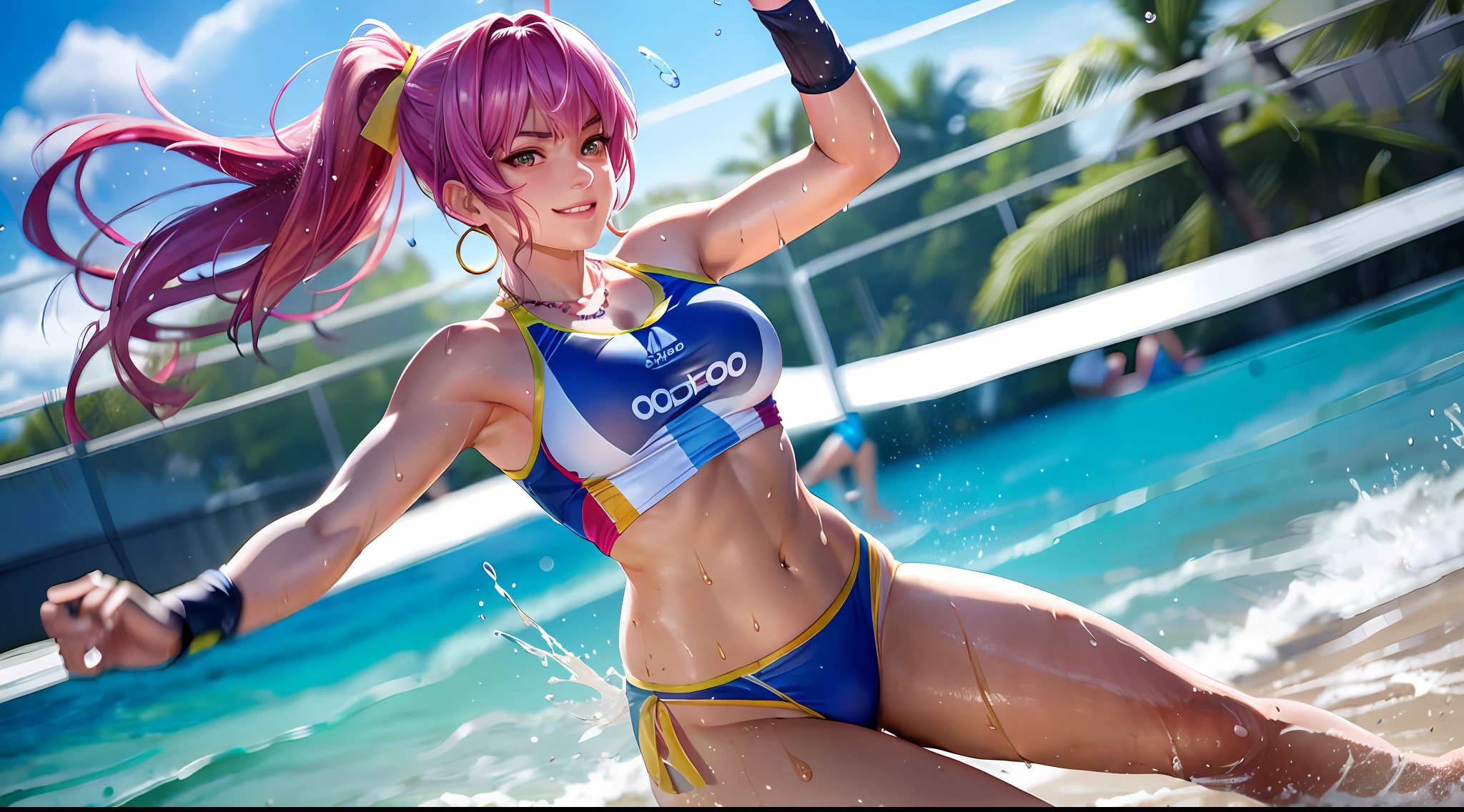 Ultra-realistic 8K CG, masterpiece, top quality, professional artwork, famous artwork, beach volleyball competition, spectators, opponents, sandy court, ayane, short lobs, short ponytail ribbons, earrings, necklaces, perfect face, beautiful face, beautiful eyes, seductive expression, smiling, slender body, swimsuit, flip flops, jumping attacking, dynamism, wet body, wet hair, motion blur, light effect, glow, reflection, golden ratio, airiness, whole body