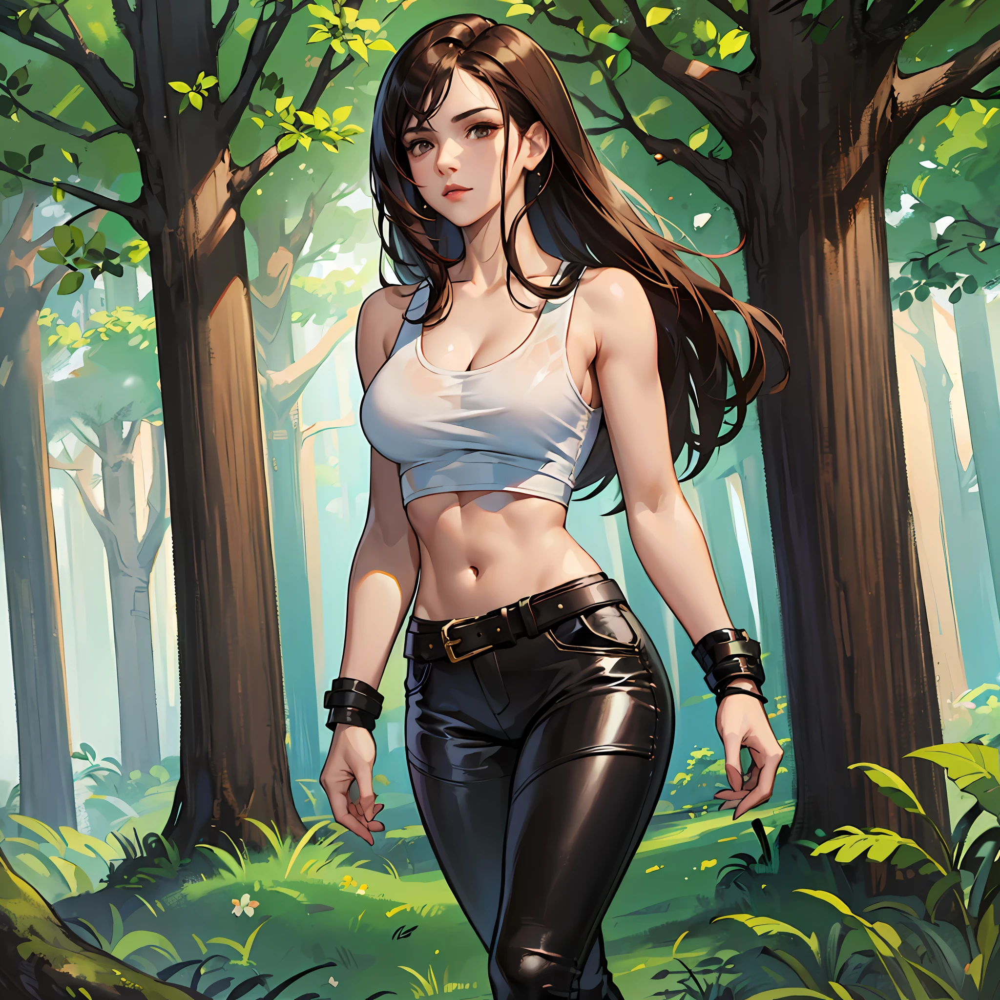 (masterpiece, best quality) 1.5, 1girl, solo, (sexy, beautiful woman, perfect face, perfect eyes), tifa lockhart, black leather pants, , black leather belt, white tank top, black sneakers, walking in the woods, (reddish brown eyes, black hair, loose hair, long hair) --auto --s2