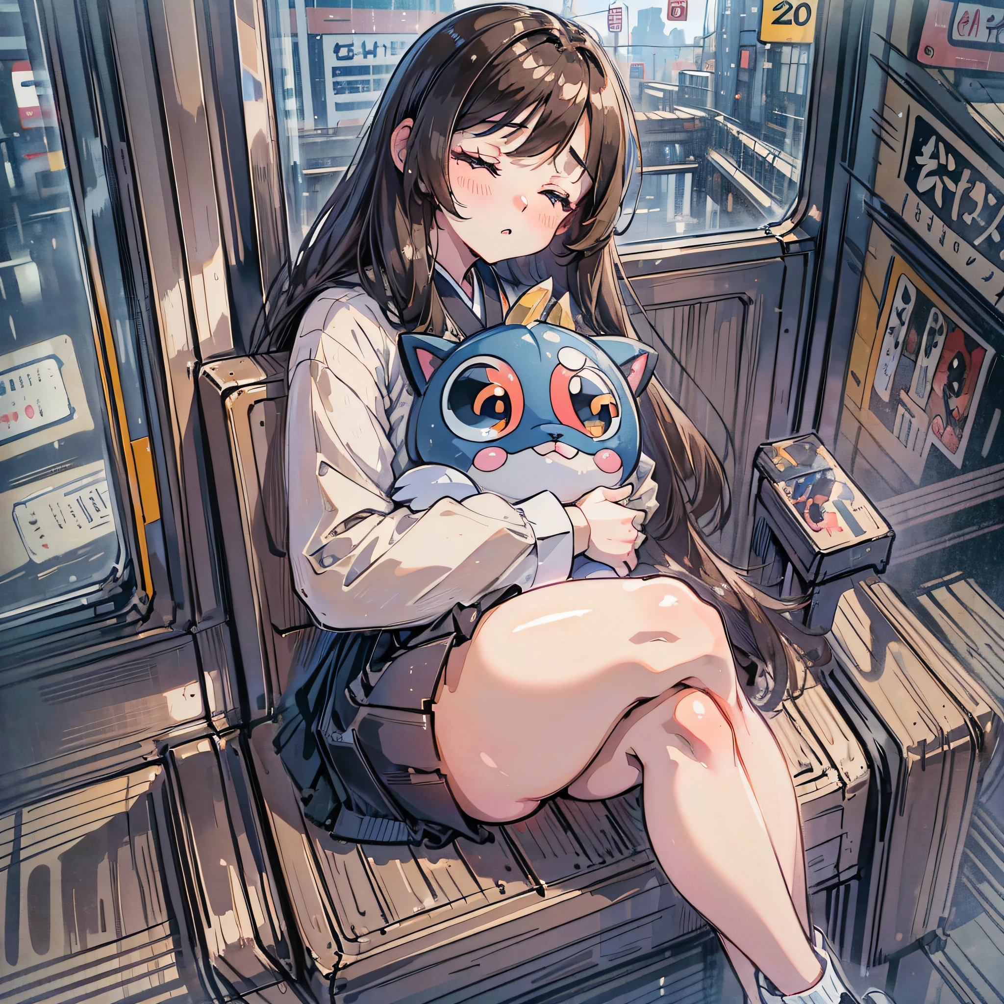 (NSFW: 1.5) (Masterpiece, HD, Ultra HD, 4K) Brunette hair,  Japanese girl, uniform skirt, accent thighs, white thighs, soft thighs, glossy thighs, sitting on top of a train) holding one, Pokemon (creature, furry, cute, cute cute, shy, small) hugged together to sleep --auto --s2