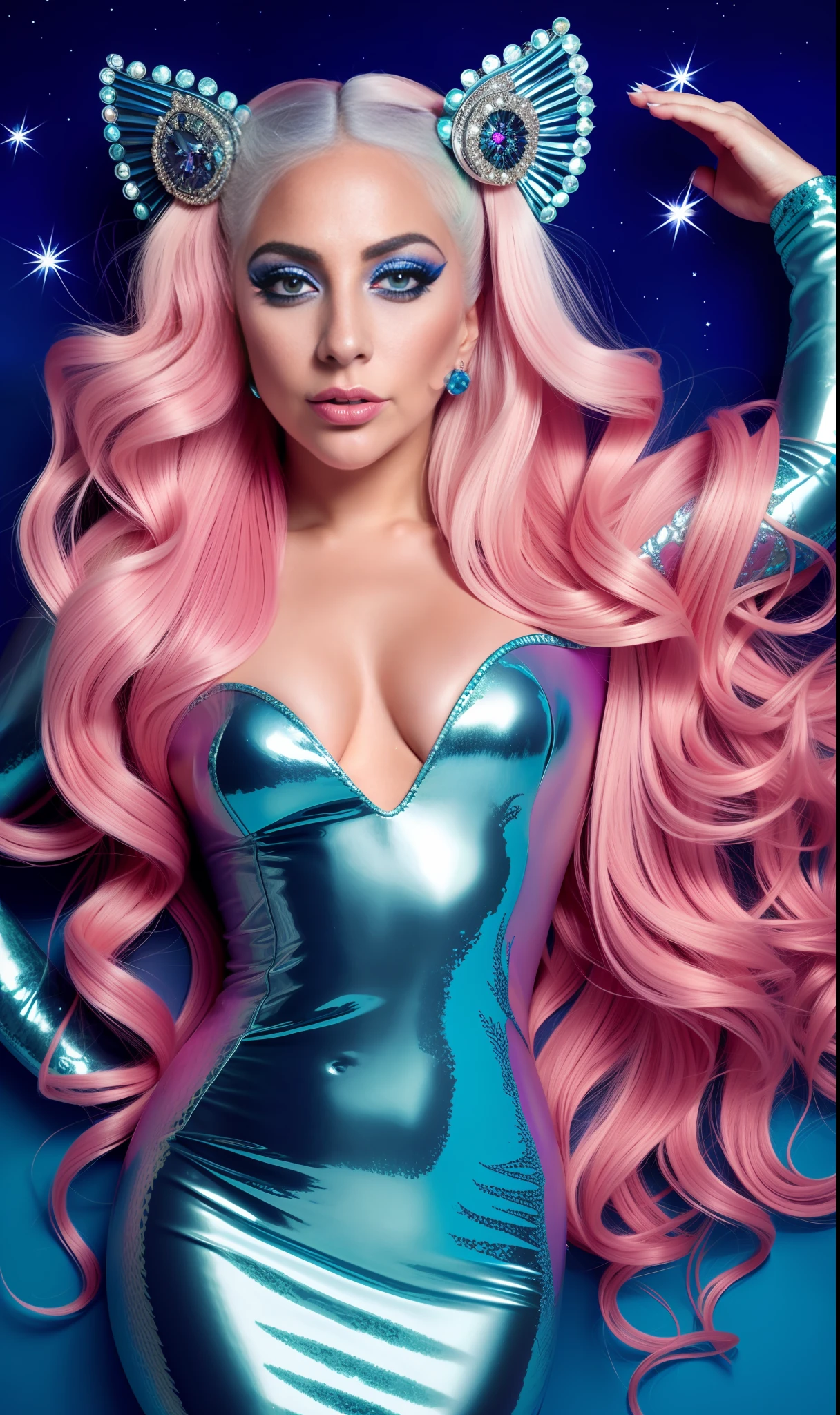 Photo of lady gaga dressed with mermaid nogr print,4K texture, long hair, high quality, extravagant hairstyle, original album cover, 8k image, futuristic, high image quality, at night, hair accessories, 8k image, realistic face in high quality, full body, different body poses, high quality face, defined features,HD