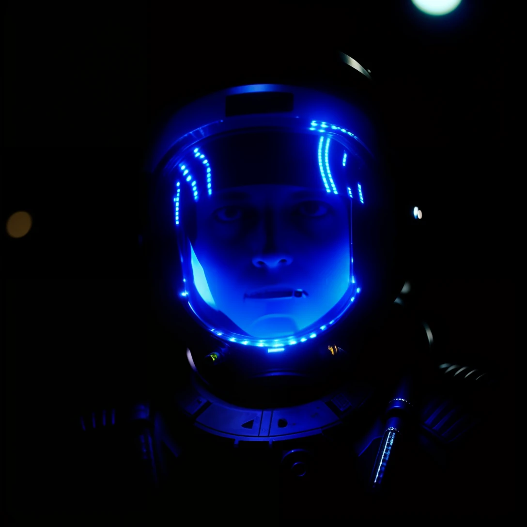 a close up of a person in a space suit with a helmet on, glowing spacesuit, led detailed spacesuit, glowing eyes in helmet, spacesuit with small led lights, sci - fi film still, from a 2 0 1 9 sci fi 8 k movie, epic scifi movie still, frame from prometheus movie, still from a ridley scott movie, astronaut cyberpunk electric