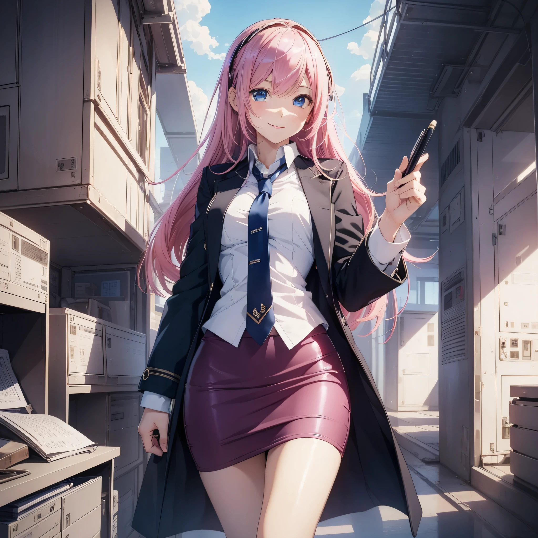 (1 Girl), (Solo: 2.0), Photorealistic, Ultra-fine Illustration, Beautiful Charming Anime Girl, Super Detail, Smile, Beautiful Blue Eyes, Beautiful Proportions, Megurine Luka, Pink Hair, Gentle Look, Seductive Anime Girl, Full Body, (Sober Business Suit), (Pencil Skirt), Office,