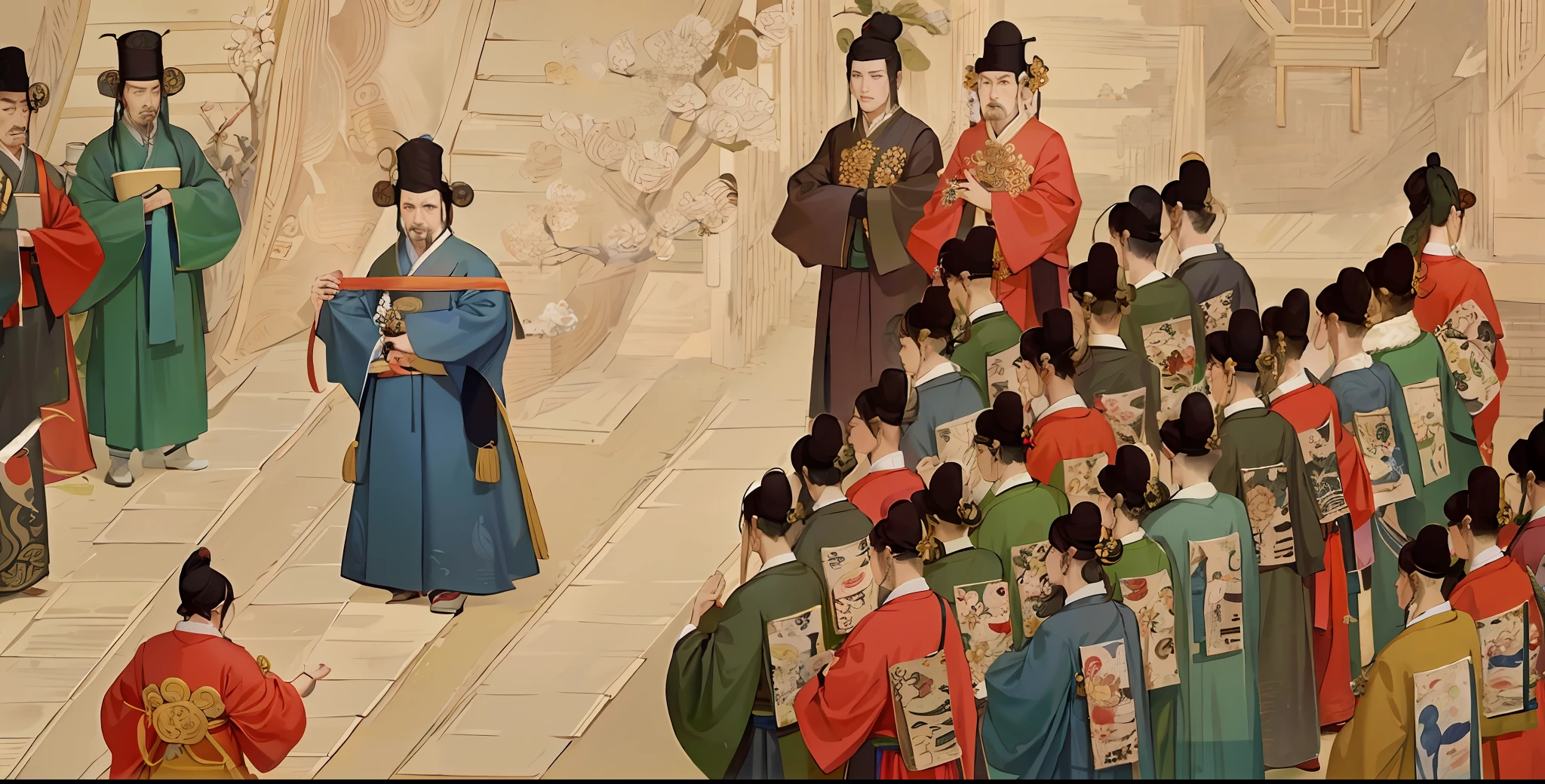 there are many people in the picture are dressed in traditional clothing, confucius and jury trial, wearing ancient chinese clothes, by Xuande Emperor, song dynasty, ancient china art style, ming dynasty, by Emperor Huizong of Song, tang dynasty, qing dynasty painting, hystorical painting, old chines painting, chinese men in a prison, qing dynasty