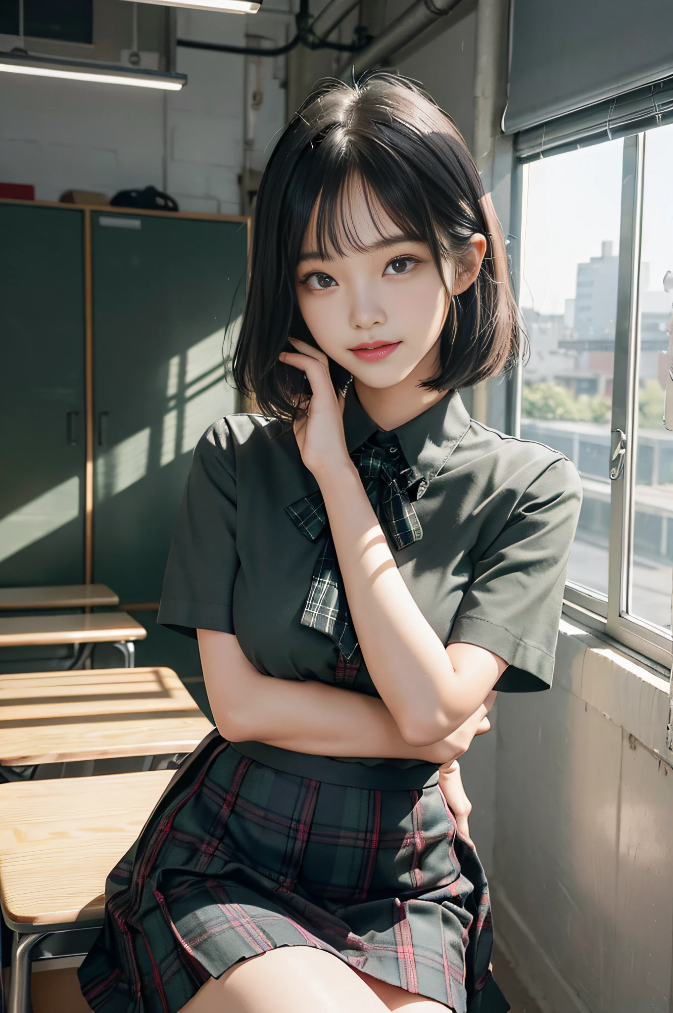 Top quality, RAW photos, super high resolution, various poses like models, smile, 17 year old Korean, very big round breasts, shiny black hair, bob cut, short cut, matching bangs, school uniform, shirt, ribbon, green plaid skirt, hair fastening, beautiful eyes, very thin mouth,, beautiful eyes in detail, cut eyes, dark cheek makeup, long eyelashes, beautiful double eyelidsVarious poses like eyeshadow, beautiful slender legs, school, school classroom, locker, blackboard, curtain, model