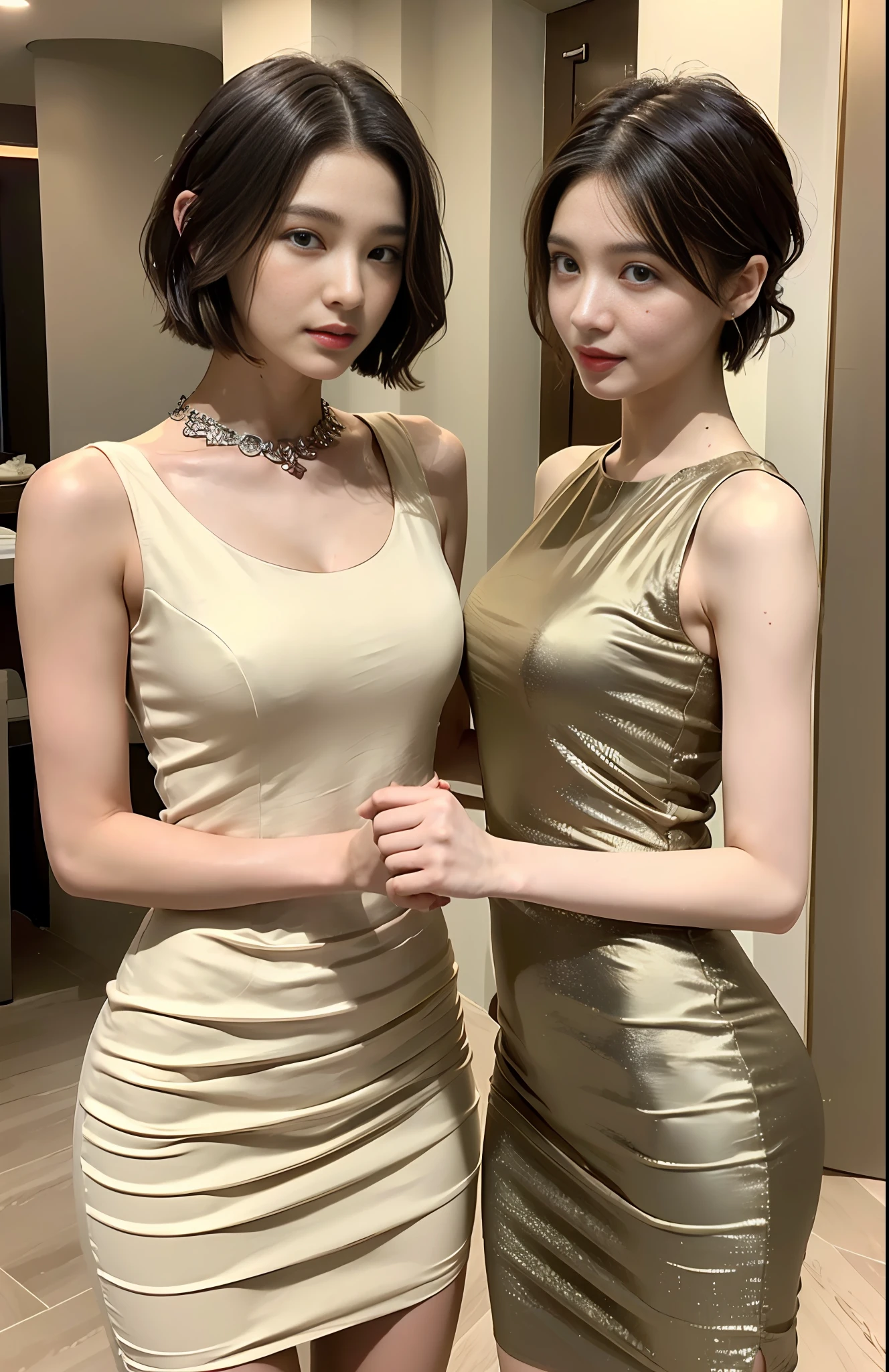 ((Top Quality, 8K, Masterpiece: 1.3)), Sharp: 1.2, Perfect Body Beauty: 1.4, Slim Abs: 1.2, ((Layered Hairstyle, Big: 1.2)), (Party Dress: 1.5), (Luxurious Room: 1.2), Wet: 1.5, Highly Detailed Face and Skin Texture, Detailed Eyes, Double Eyelids, Aspect to Look at the Camera, (((Short Hair)), Boyish, cool, (((neutral)), slender eyes, luxurious black dresses, luxurious ornaments, parties,