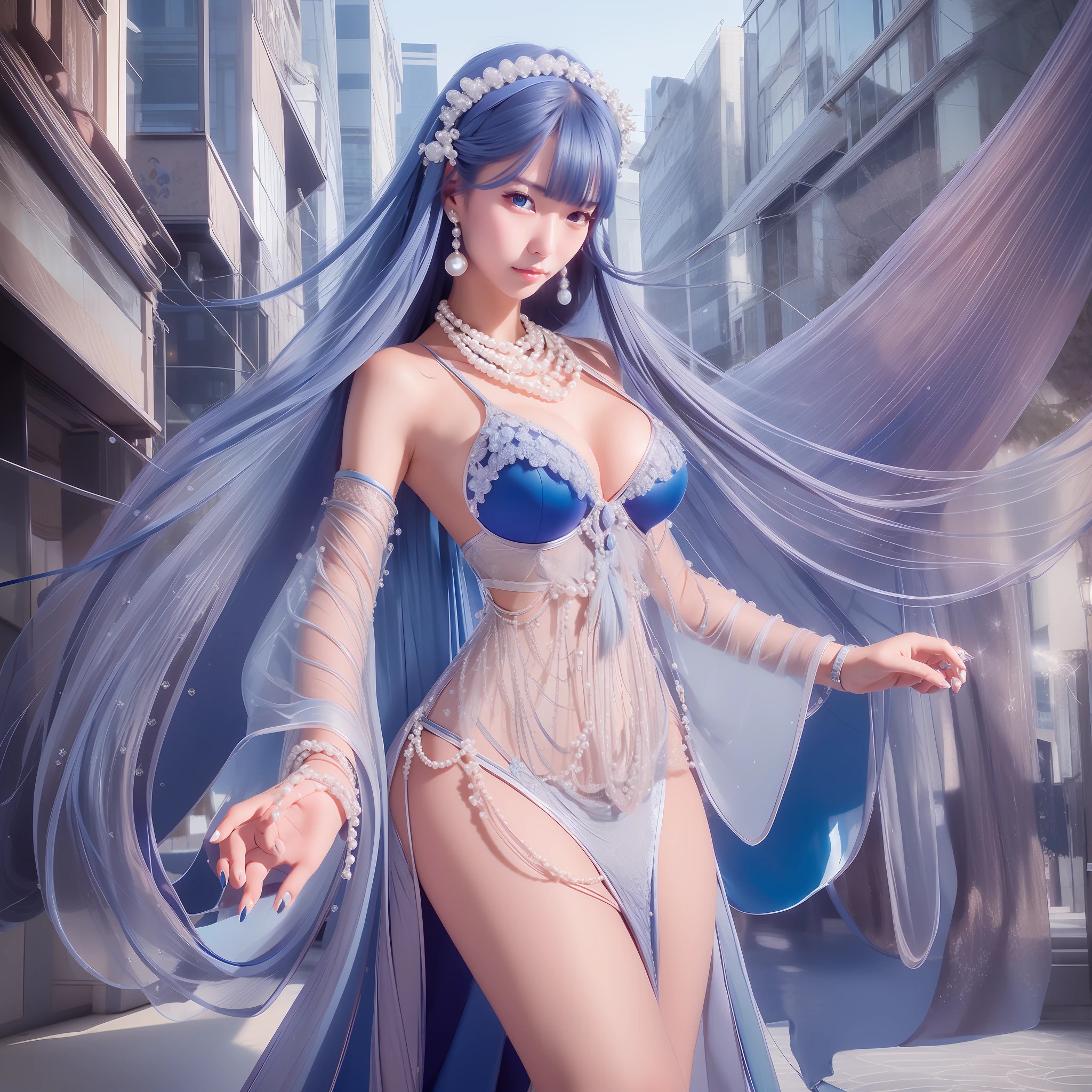 Japanese Woman, wearing an long elegant blue dress, silver long hair, Streets in a crowd of people, Smile, beauty, pearl necklace, wearing a mermaid headband, high heels, blue nail polish, Slanted blue eyes with a piercing gaze, close up