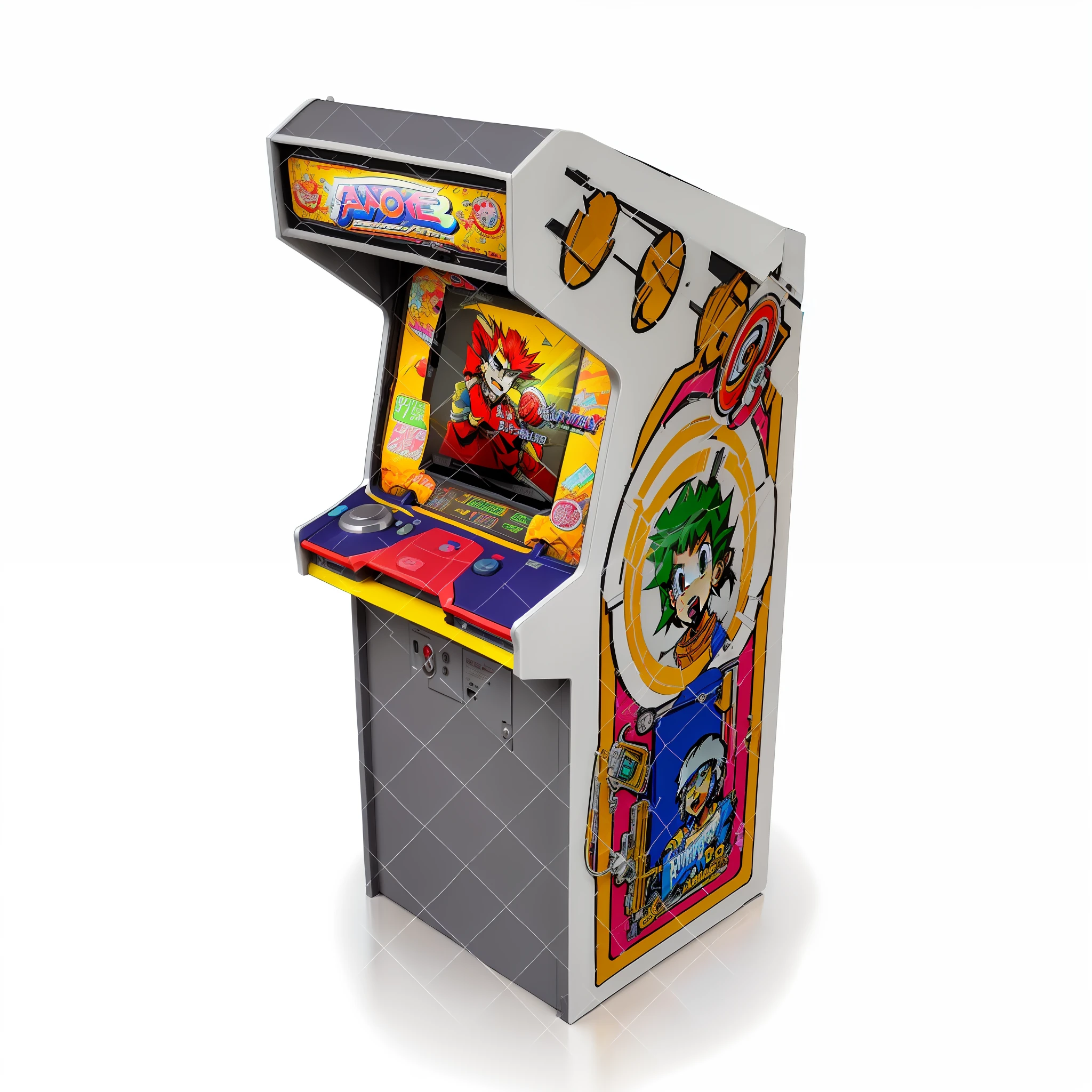 there is a small arcade machine with a cartoon design on it, 1990s arcade machine, arcade machine, arcade cabinet, arcade machines, pop japonisme 3 d ultra detailed, arcade game, 80s outdoor retro arcade, 3 d videogame render, retro 3 d graphics, 1980s arcade, capcom, videogame 3d render, arcade --auto --s2