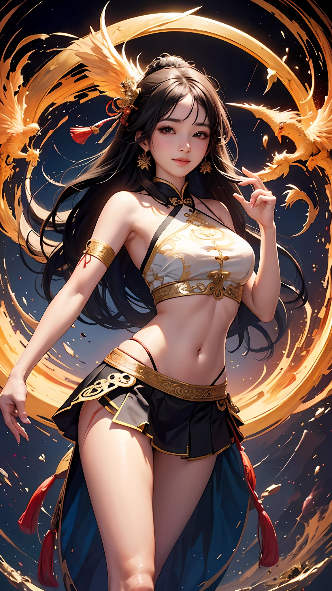 Official Art, Unified 8K Wallpapers, Ultra Detailed, Beautiful and Aesthetic, Masterpiece, Best Quality, (Zentangle, Tangle, Entangle), (fractal art: 1.4), 1girl, black hair, Chinese, bare shoulders, short skirt, calf, navel, very detailed, dynamic angle, cowboyshot, (most beautiful form chaos), flowing, (bright colors), oc, (half: 1.2), china, (thangka flying sky: 1.5), (ribbon: 1.3), (dream: 1.5), (hanfu: 1.5), Chinese dragon, Chinese phoenix, (smile: 0.5), (Chinese deity),