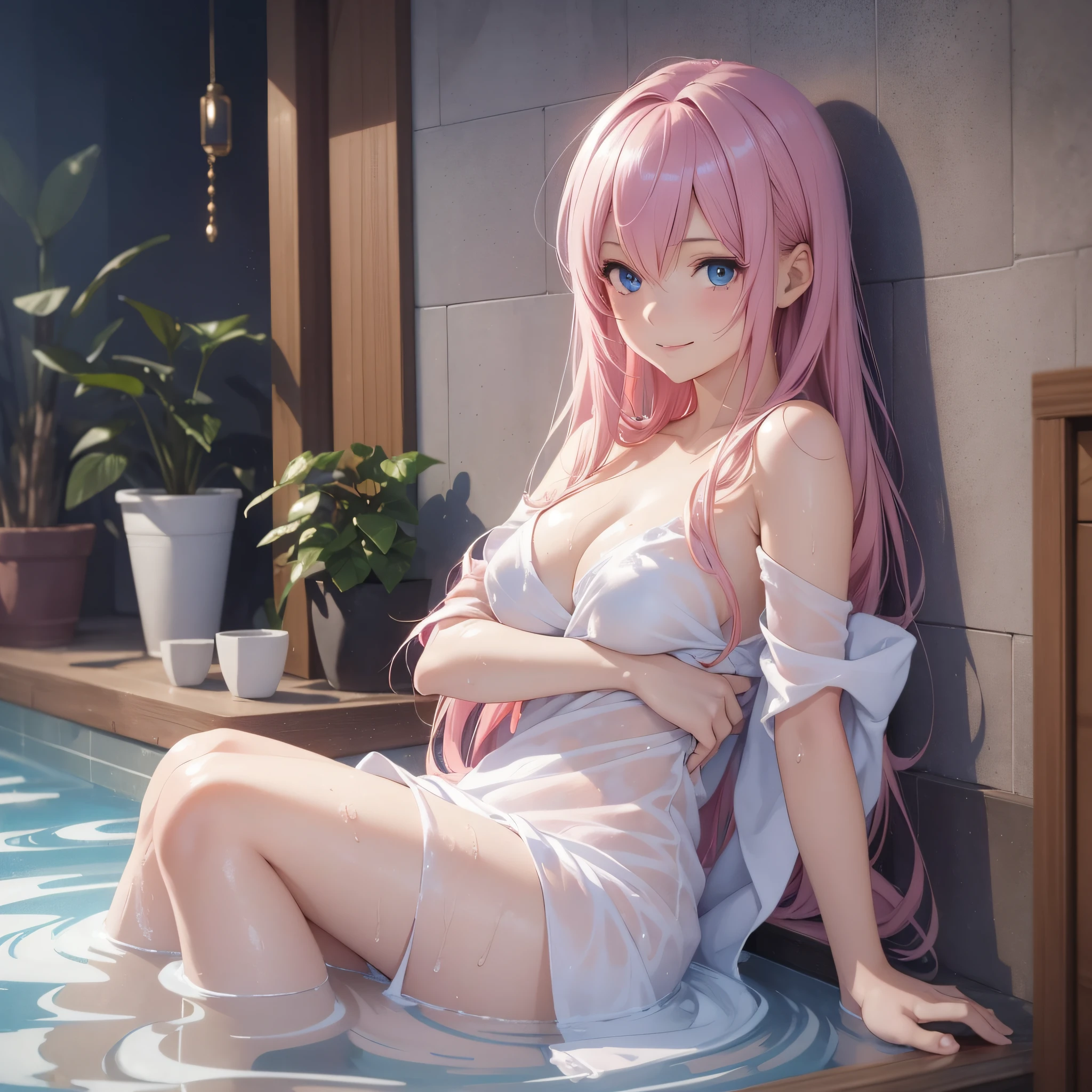 (1 girl), (Solo: 2.0), photorealistic, ultra-fine illustration, beautiful charming anime girl, super detail, smile, beautiful blue eyes, beautiful proportions, Megurine luka, pink up hair, gentle look, seductive anime girl, full body, bathing, (translucent bath towel only: 2.5), no underwear,