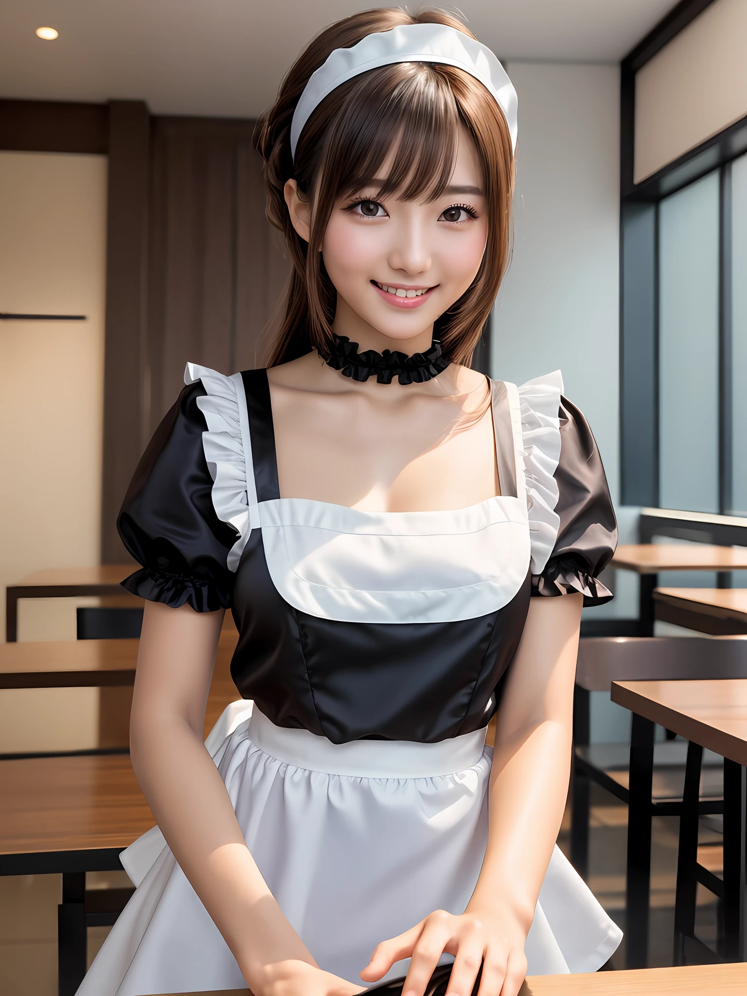 masterpiece, 1 girl per 1 photo, upper body shot, directly front view, a Japanese young pretty woman, wearing a short sleeve satin black cute maid costume in the cafe with a big smile, wearing a white frilled headband, a white frilled apron, a black choker, glamorous figure, hyper cute face, glossy lips, sweaty body, double eyelids in both eyes, Natural makeup, long eyelashes, shiny smooth light brown hair of long bob hair, asymmetrical bangs, tanned skin, central image, 8K resolution, high detail, detailed hairstyle, Detailed Face, spectacular cinematic lighting, octane rendering, vibrant, hyper realistic, perfect limbs, perfect anatomy