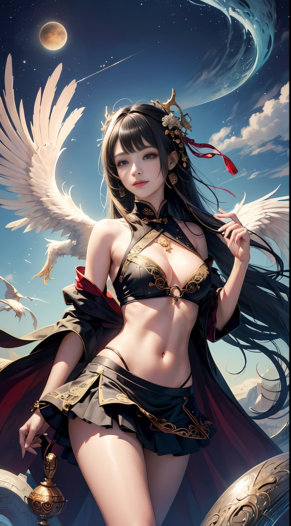 Official Art, Unified 8K Wallpapers, Ultra Detailed, Beautiful and Aesthetic, Masterpiece, Best Quality, (Zentangle, Tangle, Entangle), (fractal art: 1.4), (character center: 1.3), 1girl, black hair, Chinese, off-the-shoulders, short skirt, calf, navel, very detailed, dynamic angle, cowboyshot, (most beautiful form of chaos), ethereal, (bright colors), oc, (half: 1.2), china, (thangka flying sky: 1.5), (ribbon: 1.3), (dream: 1.5), (hanfu: 1.5), Chinese dragon, Chinese phoenix, (smile: 0.5), ( Chinese deities),
