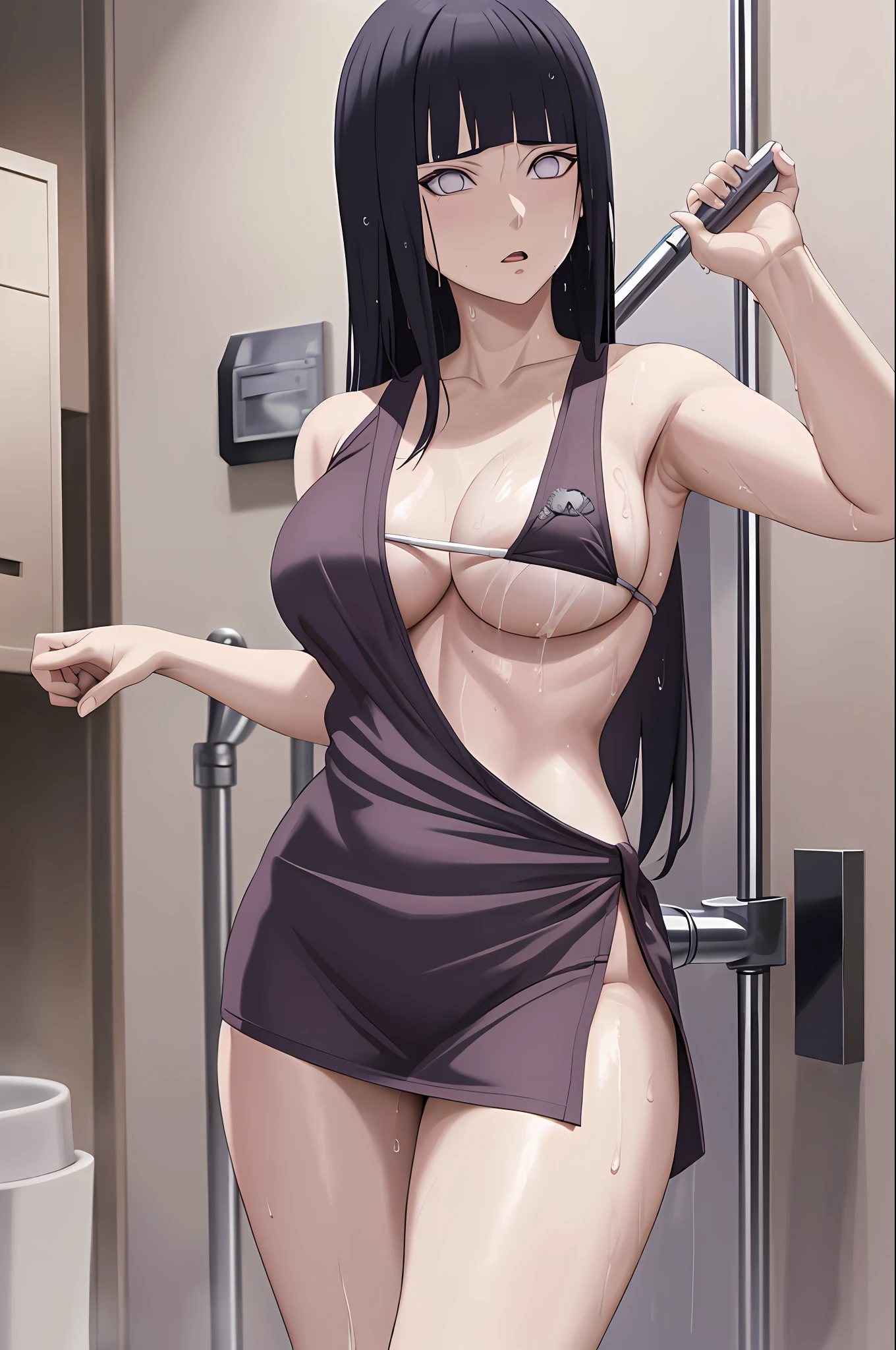 Masterpiece, absurd, Hinata (Boruto), 1 girl, mom, mature, solo, long hair, cleavage, groin, wet with water, nipple patch, vacuum bathrobe, no spot, bathroom background, black, rigorous human structure, good-looking fingers: o,