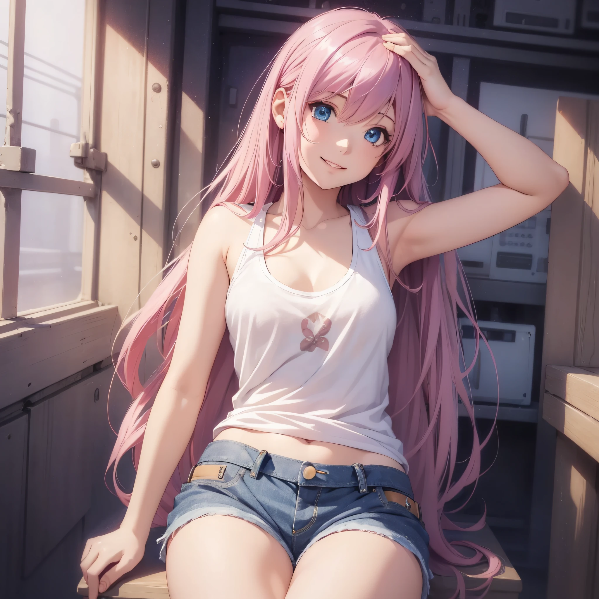 (1 girl), (Solo:2.0), Photorealistic, Ultra micro illustration, Beautiful attractive anime girl, super detail, smile, beautiful blue eyes, beautiful proportions, Megurine luka, pink long hair, gentle expression, seductive anime girl, full body, tank top, denim shorts,