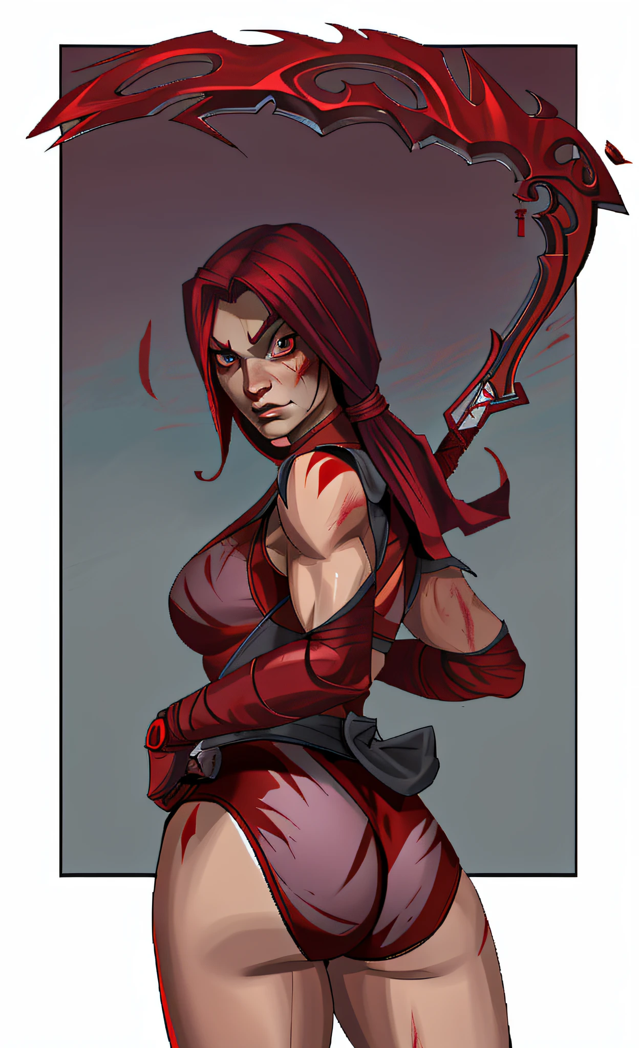 Skarlet from mortal kombat in a red ninja leotard holding a blood scythe, anime art style, detailed wrinkles