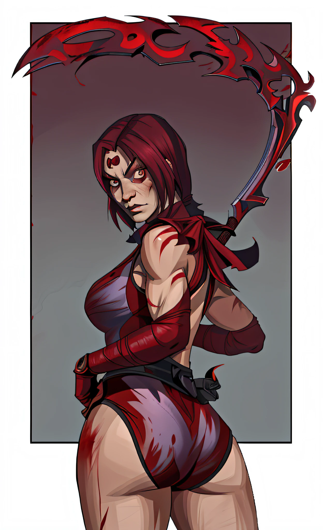 Skarlet from mortal kombat in a red ninja leotard holding a blood scythe, anime art style, detailed wrinkles
