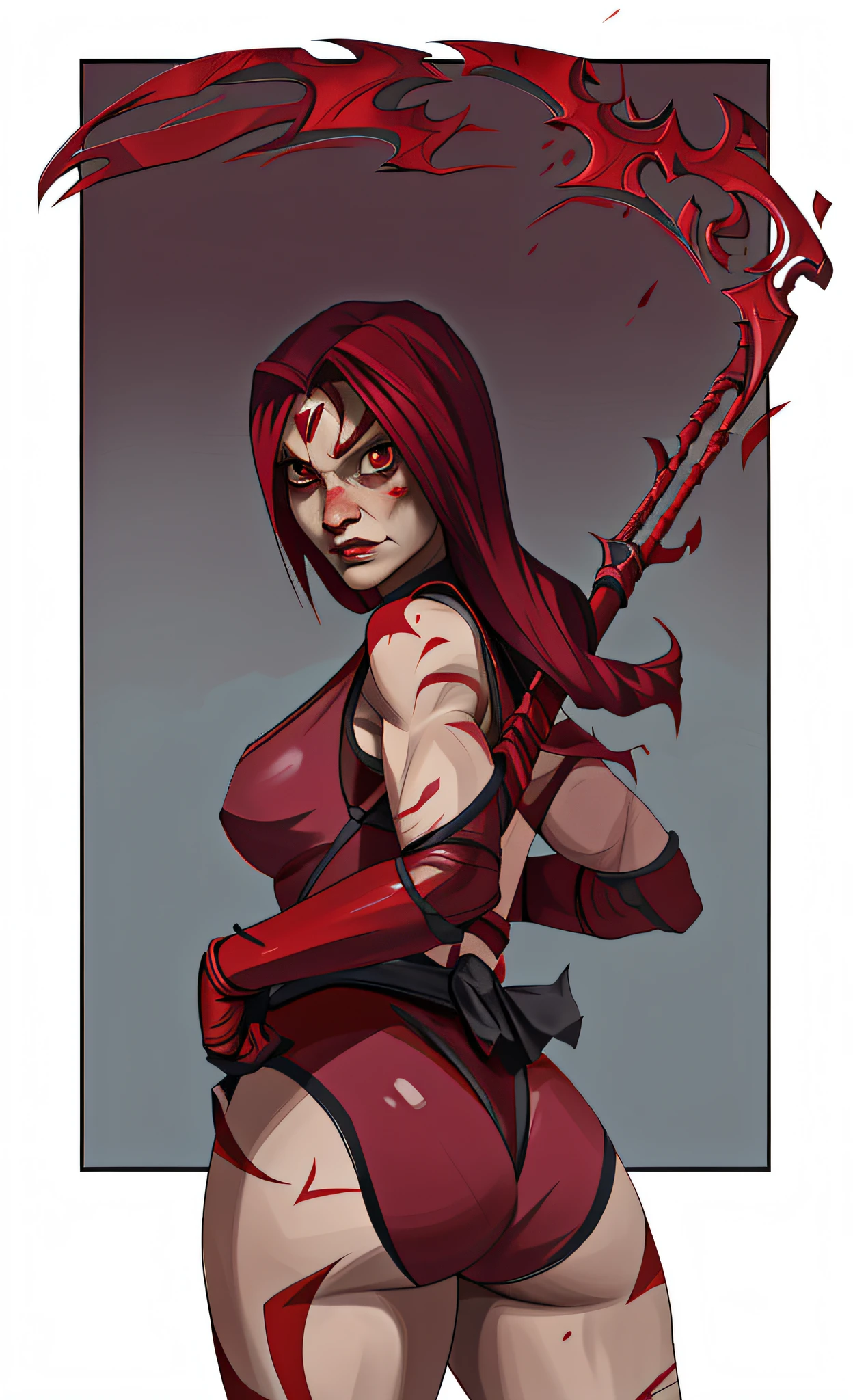 Skarlet from mortal kombat in a red ninja leotard holding a blood scythe, anime art style, detailed wrinkles