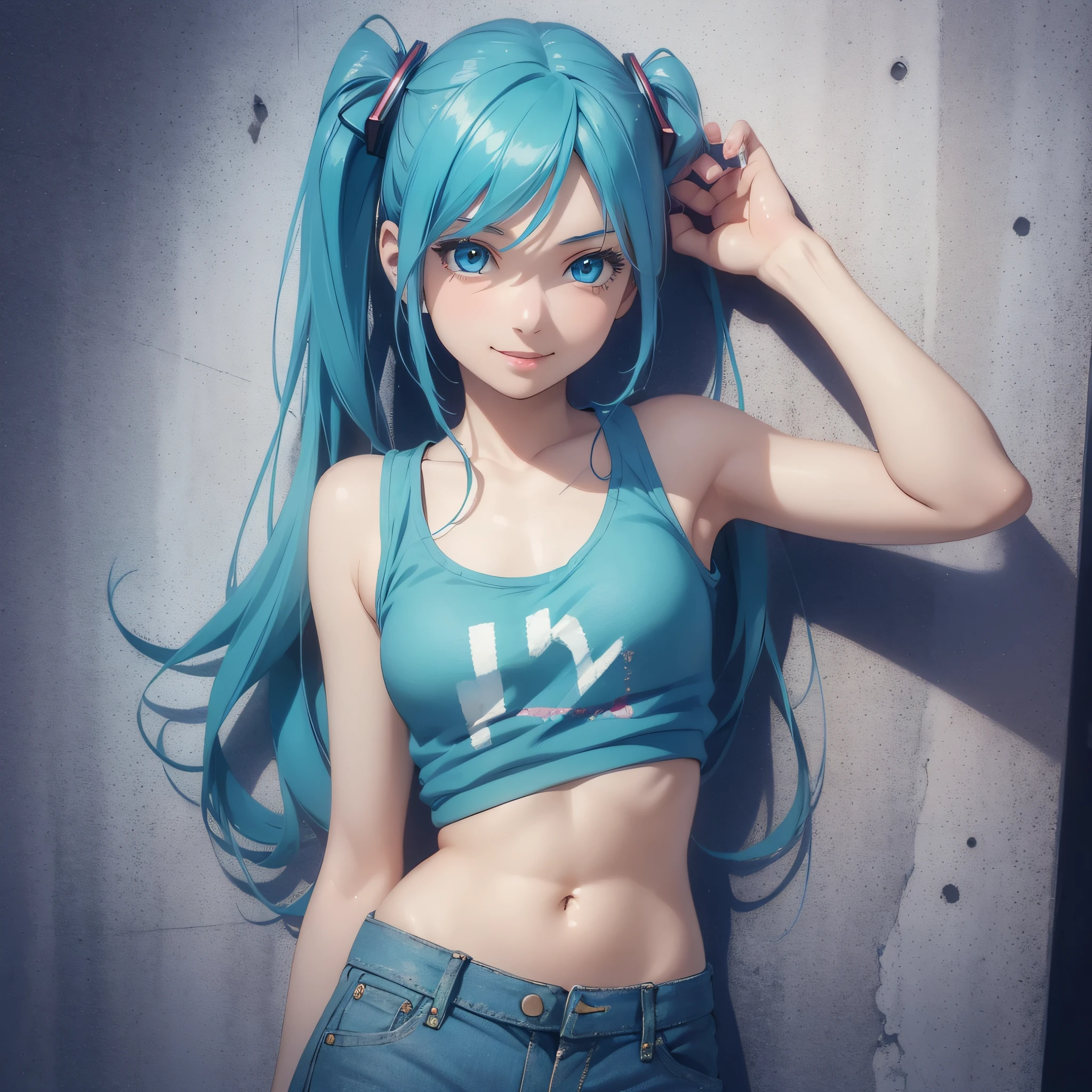 (1 girl), (Solo:2.0), Photorealistic, Ultra micro illustration, Beautiful attractive anime girl, super detail, smile, beautiful blue eyes, beautiful proportions, Hatsune Miku, Slender, Gentle expression, Seductive anime girl, Full body, Tank top, Denim hot pants,
