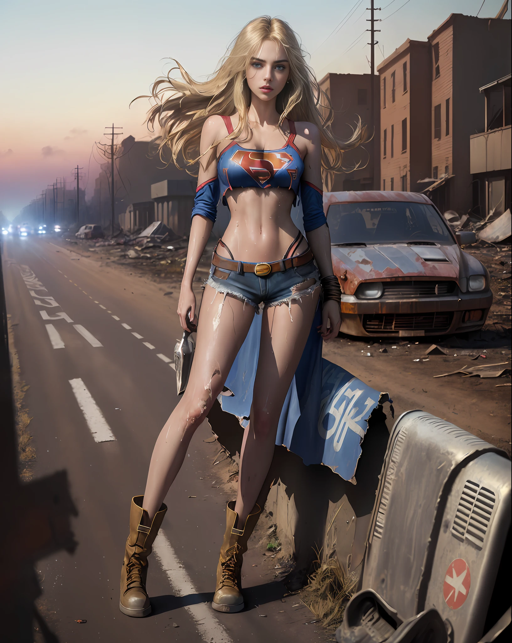Yael Shelbia (Supergirl beautiful and bold, seductive and attractive, blue eyes, pointed breasts, long blonde hair and, sweaty body, open shirt with superman S symbol, short shorts, me, boot, thick legs). (deserted road, dirt road, blood, smoke, abandoned cars, newspapers, abandoned objects, bodies lying on the ground, abandoned road, apocalyptic scenery, cinematic effect), (Best quality, masterpiece, depth of field, Full HD, 4K, richness of detail). Portrait style