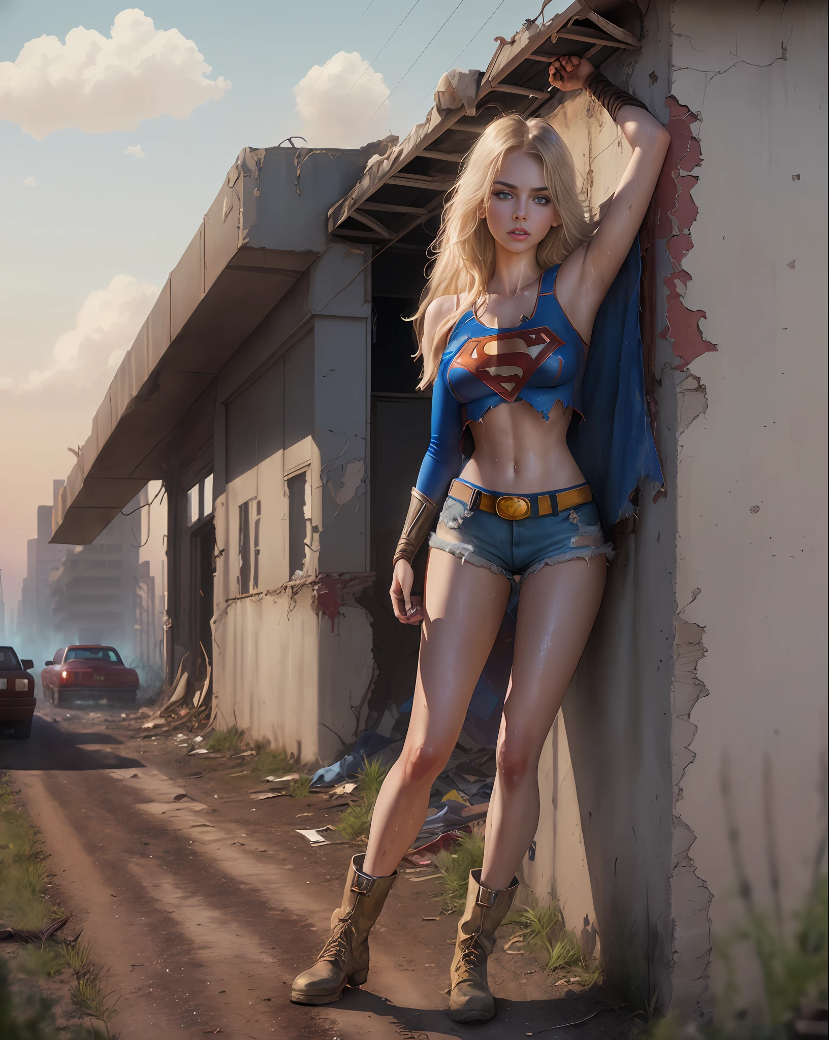 Yael Shelbia (Supergirl beautiful and bold, seductive and attractive, blue eyes, pointed breasts, long blonde hair and, sweaty body, open shirt with superman S symbol, short shorts, me, boot, thick legs). (deserted road, dirt road, blood, smoke, abandoned cars, newspapers, abandoned objects, bodies lying on the ground, abandoned road, apocalyptic scenery, cinematic effect), (Best quality, masterpiece, depth of field, Full HD, 4K, richness of detail). Portrait style