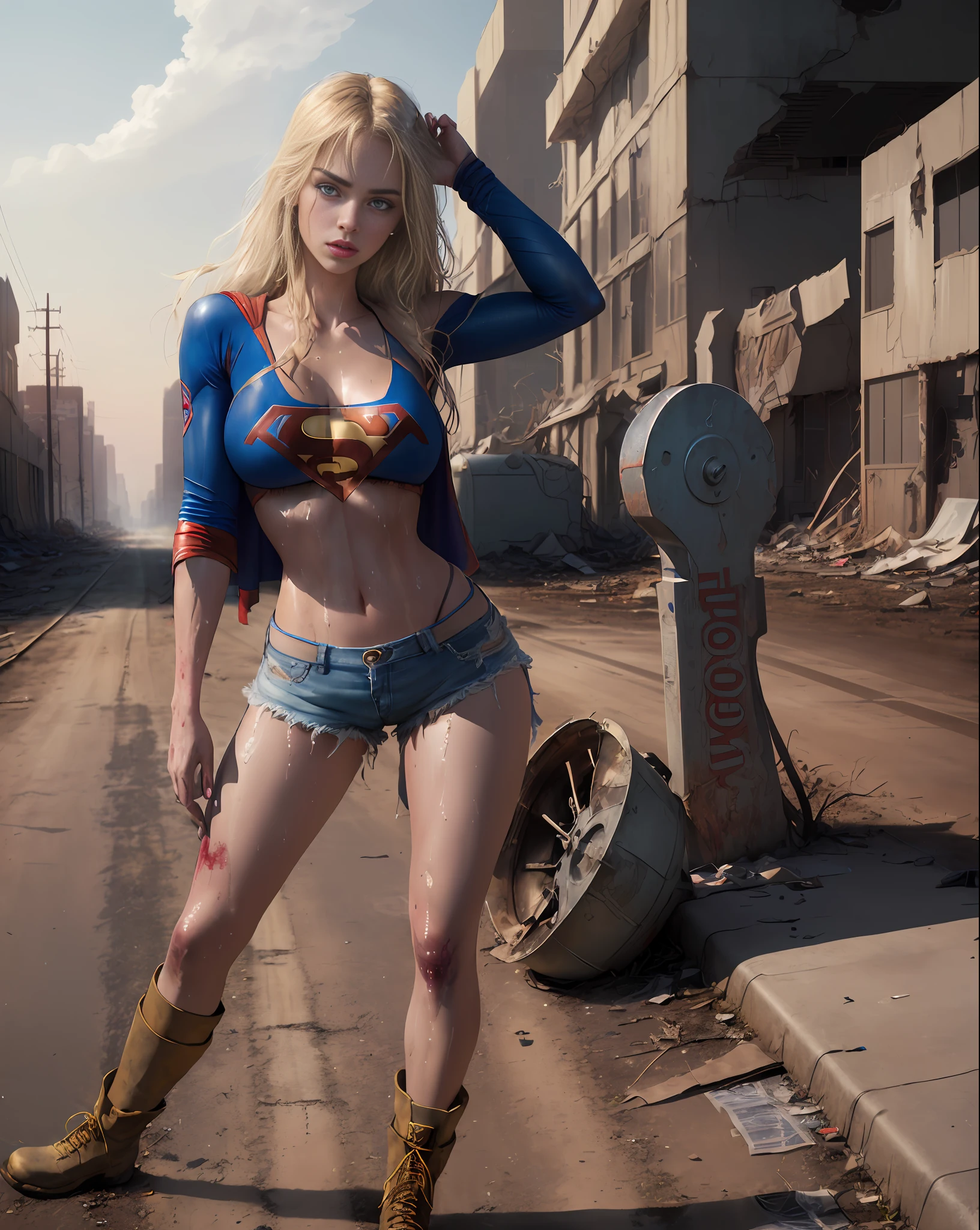 Yael Shelbia (Supergirl beautiful and bold, seductive and attractive, blue eyes, pointed breasts, long blonde hair and, sweaty body, open shirt with superman S symbol, short shorts, me, boot, thick legs). (deserted road, dirt road, blood, smoke, abandoned cars, newspapers, abandoned objects, bodies lying on the ground, abandoned road, apocalyptic scenery, cinematic effect), (Best quality, masterpiece, depth of field, Full HD, 4K, richness of detail). Portrait style