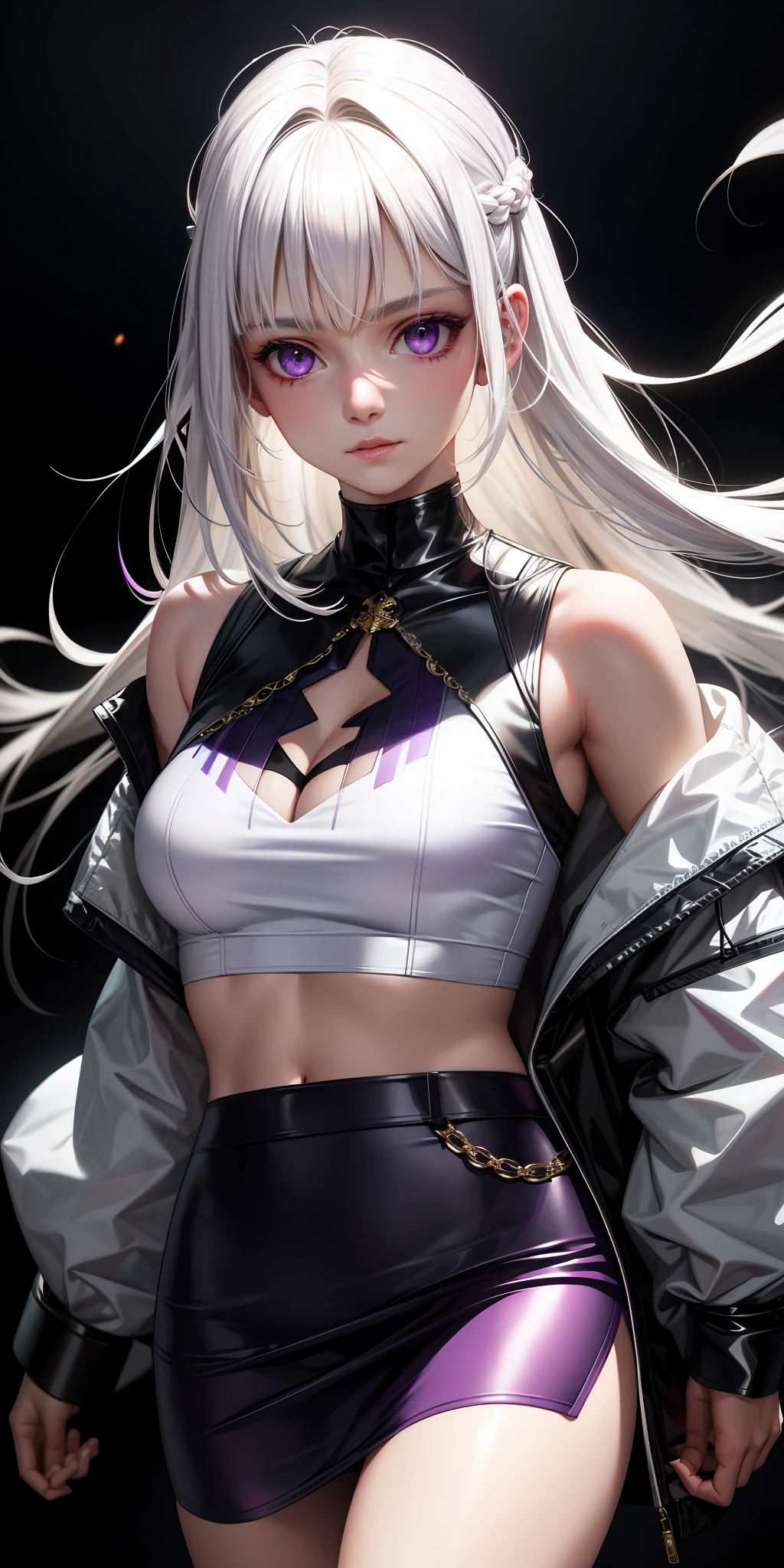 Realistic, 1girl, white hair, purple eyes, glowing eyes, cropped top, skirt,
