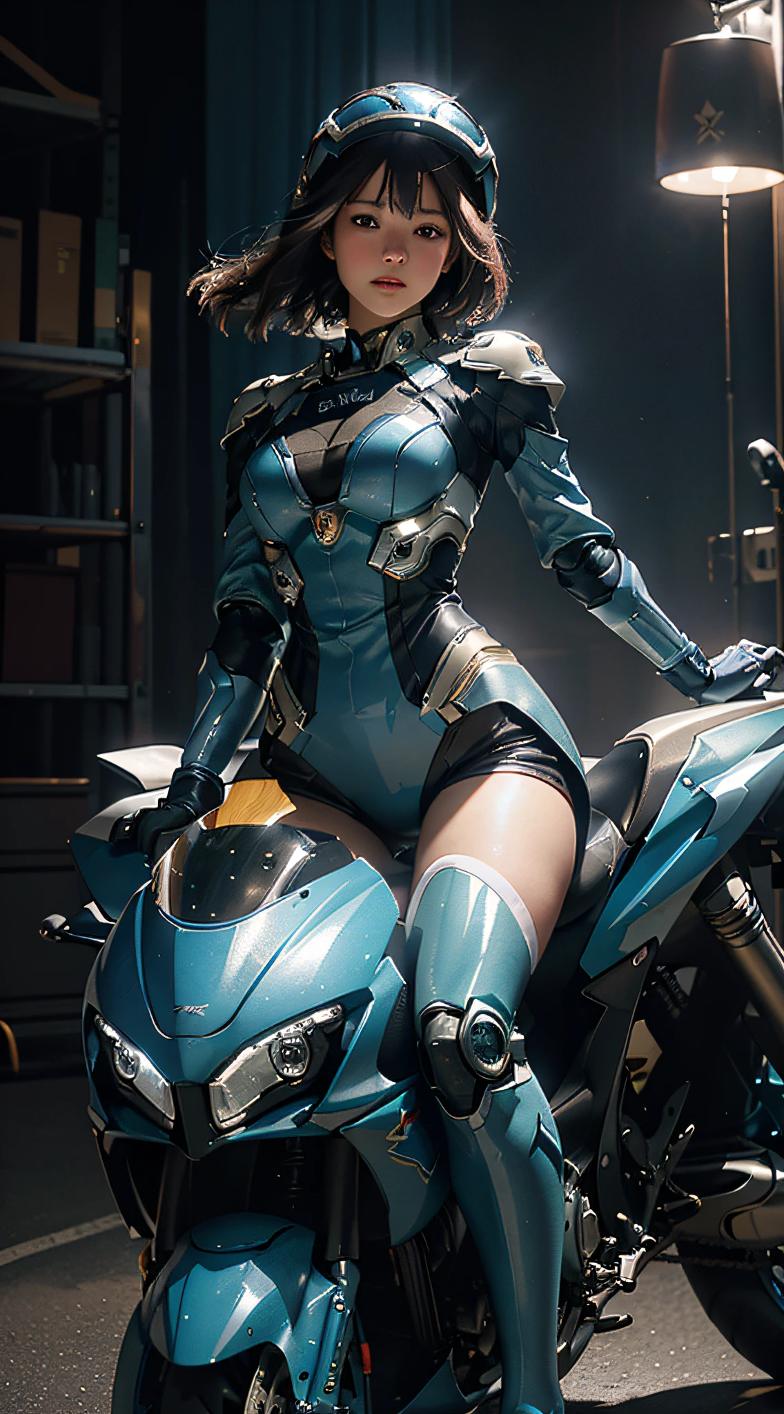 Highest image quality, outstanding detail, ultra-high resolution, (fidelity: 1.4), the best illustration, favor details, highly condensed 1girl, with a delicate and beautiful face, wearing a blue mecha, wearing a mecha helmet, holding a direction controller, riding on a motorcycle, the background is a high-tech lighting scene of the future city.