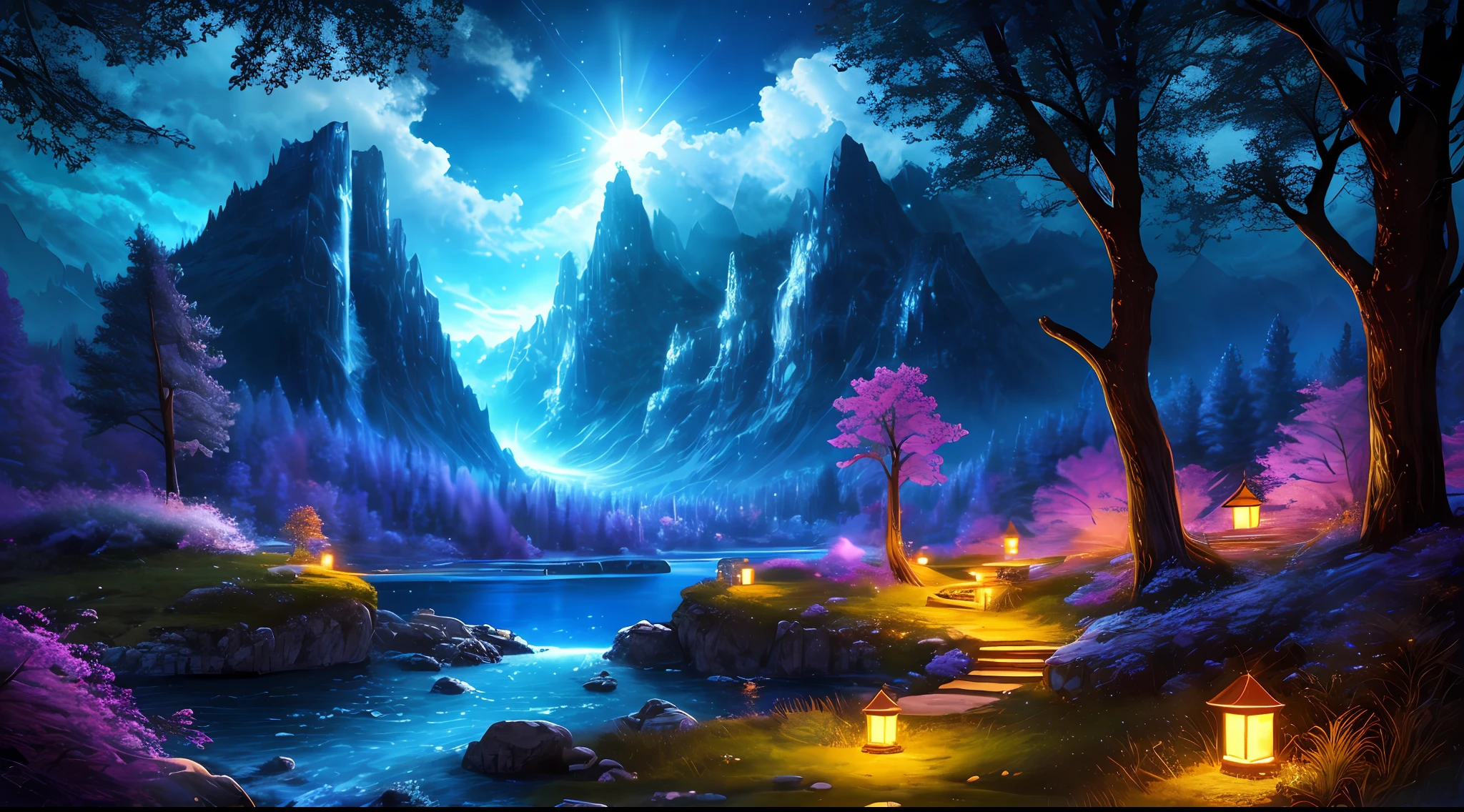 best quality, masterpiece, beautiful wild and natural fantasy landscape with glowing lights