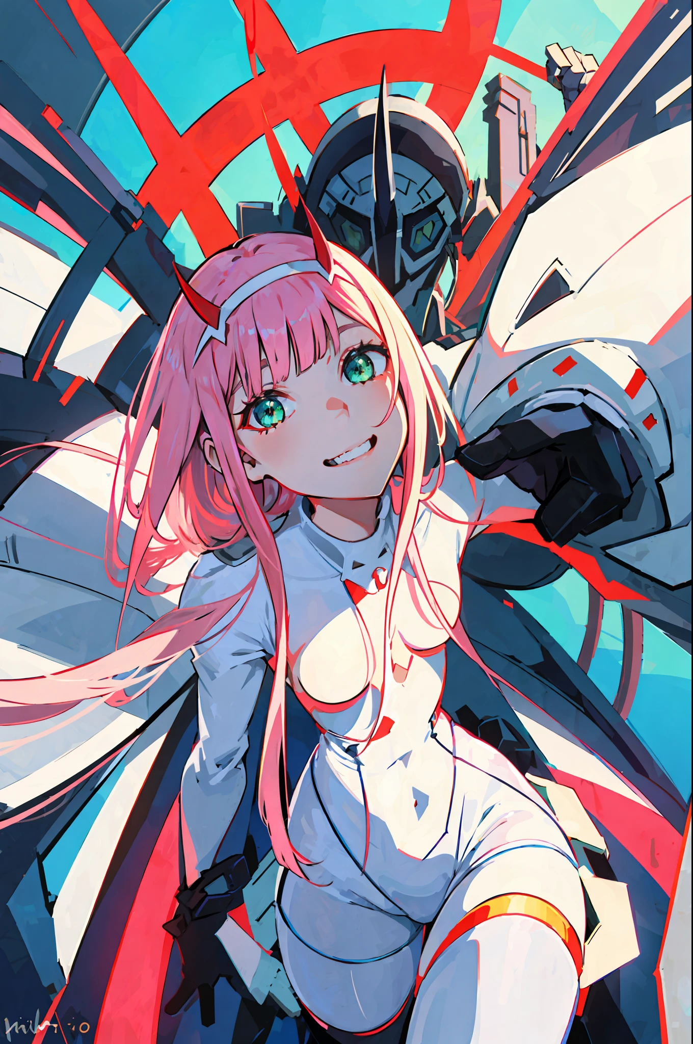 zero two \(darling on franxx\), darling on franxx, 1girl, fringe, selfie, smiling, biting, shadow, green eyes, hair behind head, horns, long hair, makeup, small breasts, pilot suit, white bodysuit, pink hair, red eyeshadow, science fiction, tight skin, solo