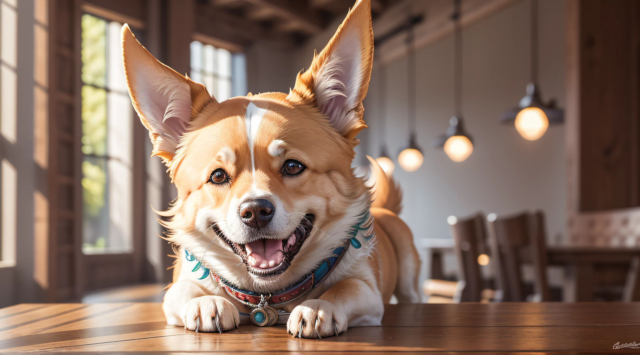 Happy dog, table sticking out head, (expression is very happy), multi-detailed, light background, HD, 4K --auto --s2