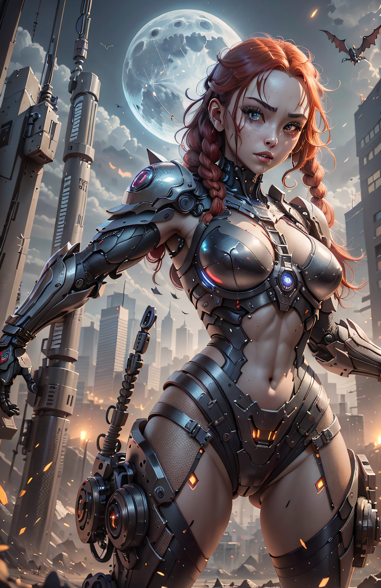(Best Quality)), ((Masterpiece)), (Very Detailed: 1.3), 3D, Beautiful cyberpunk woman, predator cosplay, sci-fi technology, HDR (High Dynamic Range), ray tracing, nvidia RTX, super resolution, unreal 5, subsurface scattering, PBR texture, post-processing, anisotropic filtering, depth of field, maximum sharpness and sharpness, multi-layer texture, specular and albedo mapping, surface shading, accurate simulation of light-material interactions, perfect proportions, octane rendering, duotone lighting, low ISO, white balance, rule of thirds, wide aperture, 8K RAW, high efficiency subpixels, subpixel convolution, light particles, light scattering, Tyndall effect, very sexy bikini, full body, battle pose, red hair with braids, bats in the sky notuno, full moon,